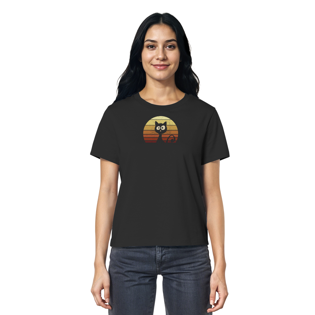 Katze vor Retro Sonnenuntergang - Ladies Organic Shirt
