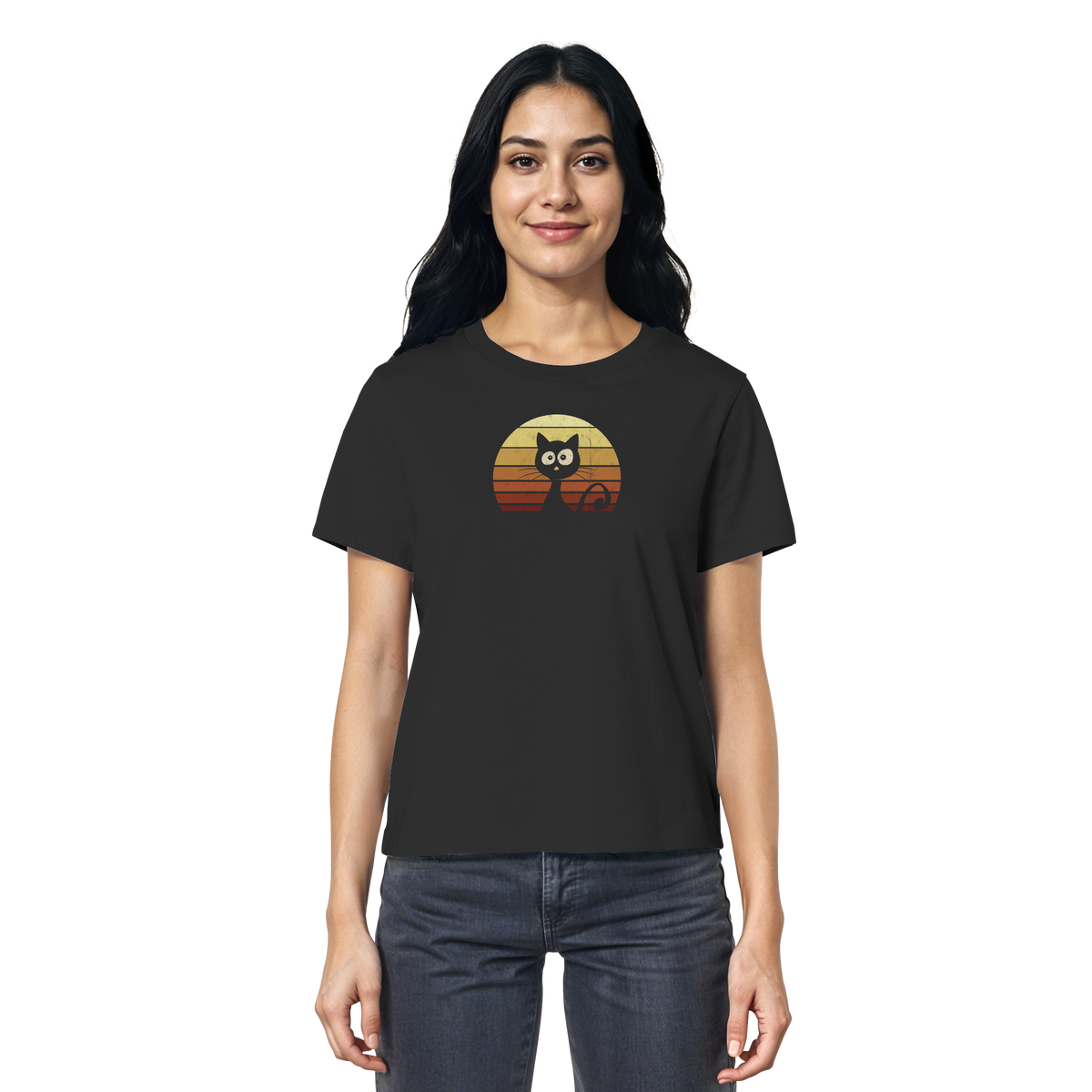Katze vor Retro Sonnenuntergang - Ladies Organic Shirt