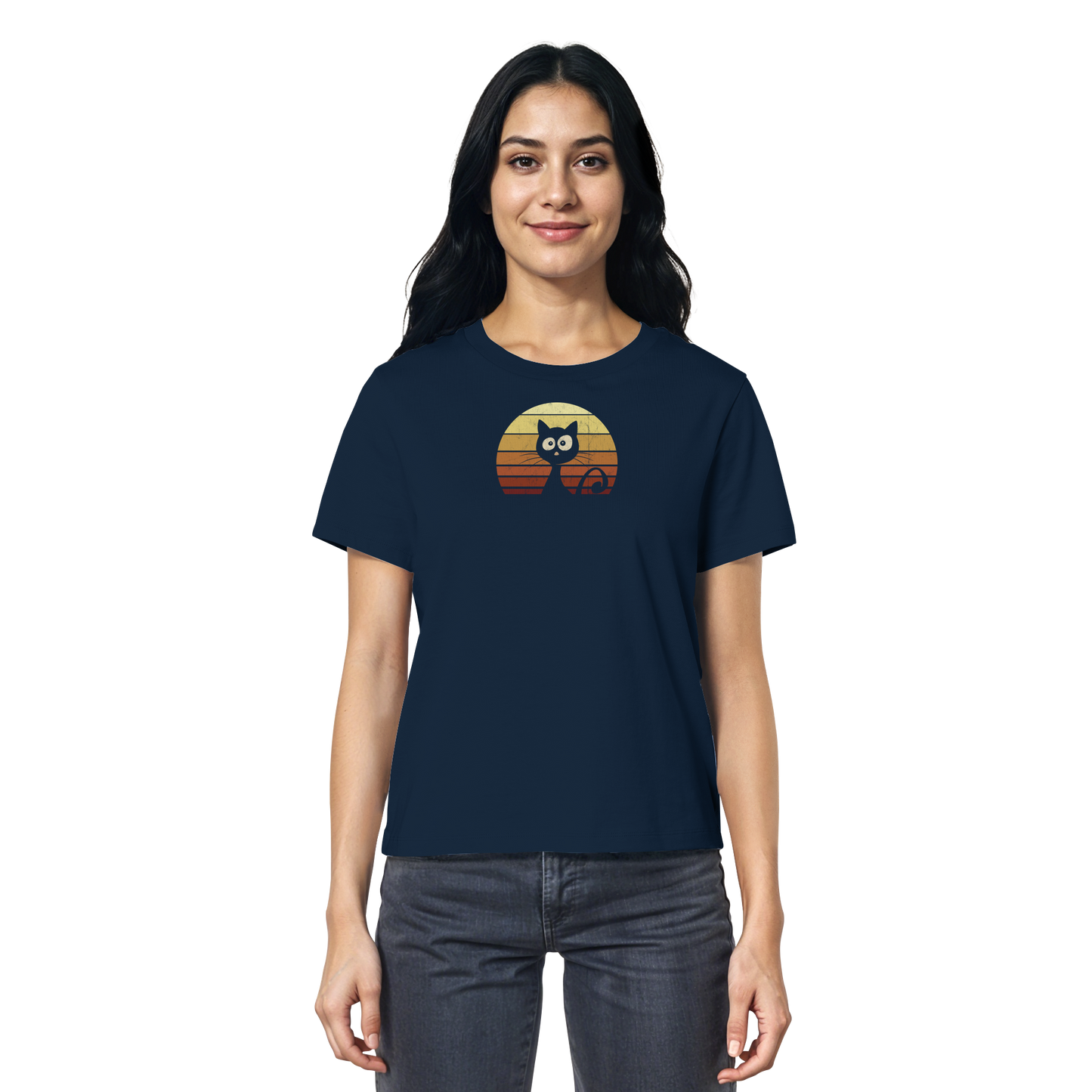 Katze vor Retro Sonnenuntergang - Ladies Organic Shirt
