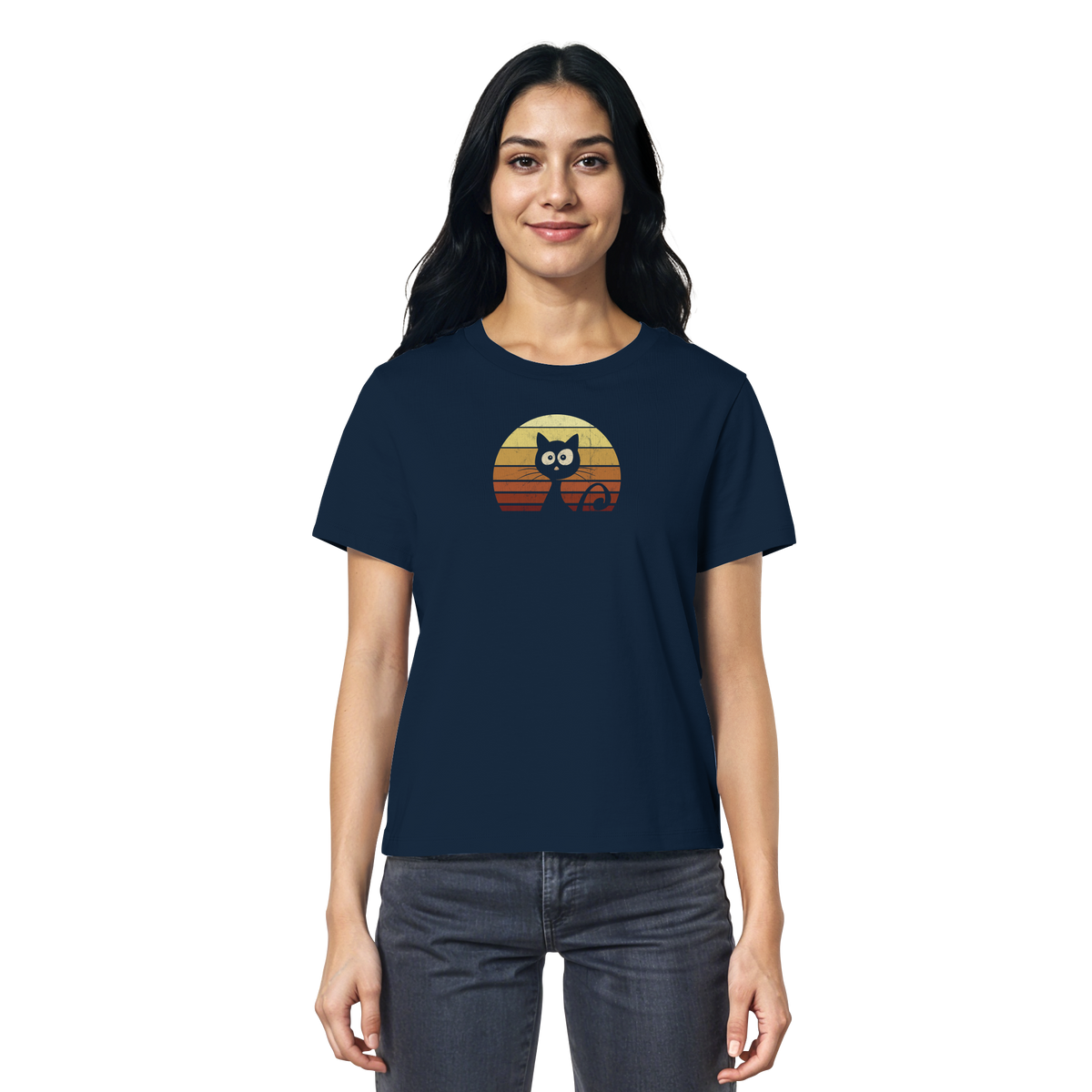 Katze vor Retro Sonnenuntergang - Ladies Organic Shirt