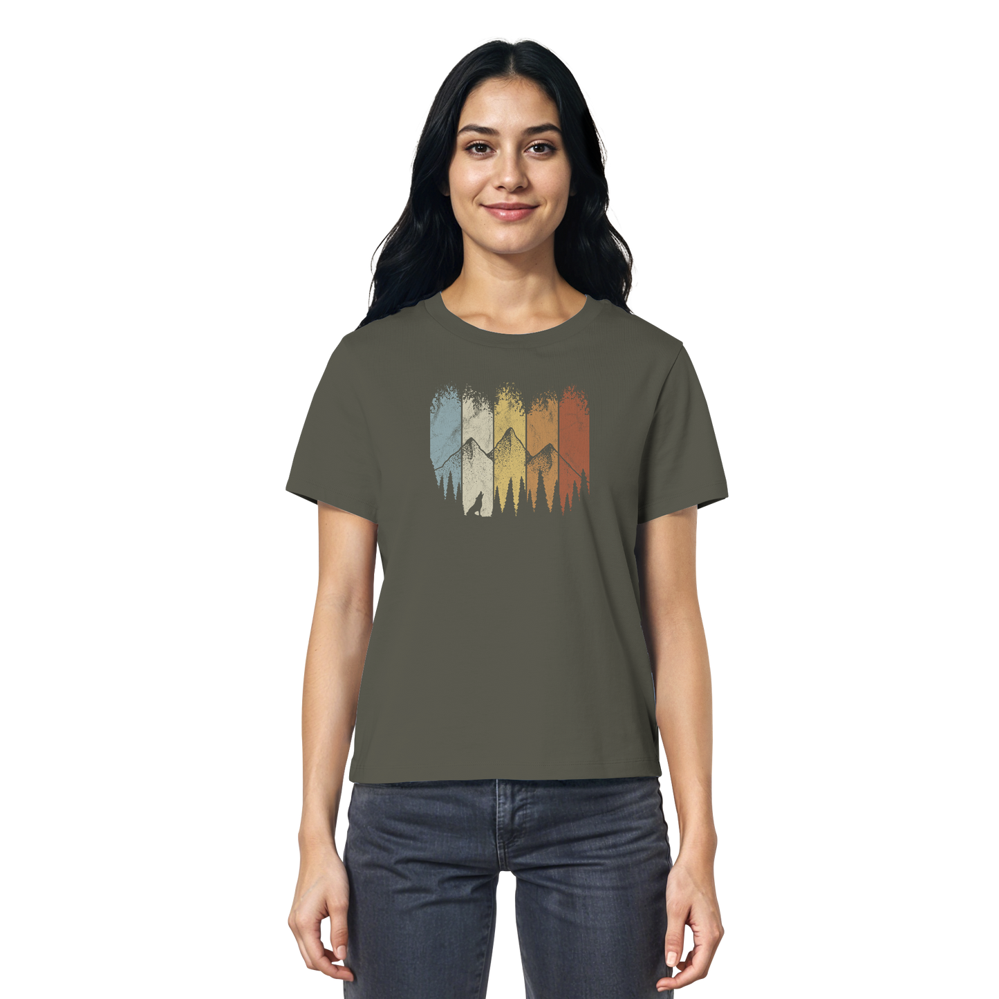 Retro Wald, Berge und Wolf  - Ladies Organic Shirt
