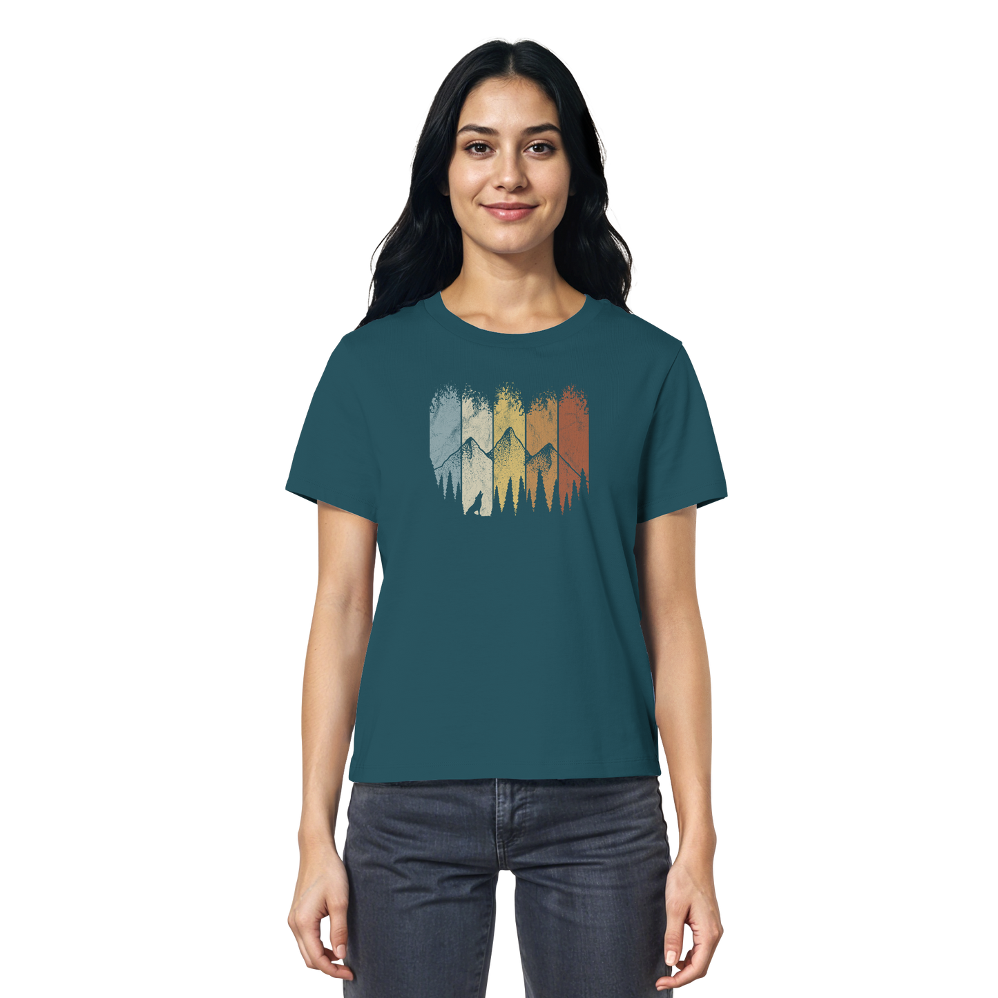 Retro Wald, Berge und Wolf  - Ladies Organic Shirt