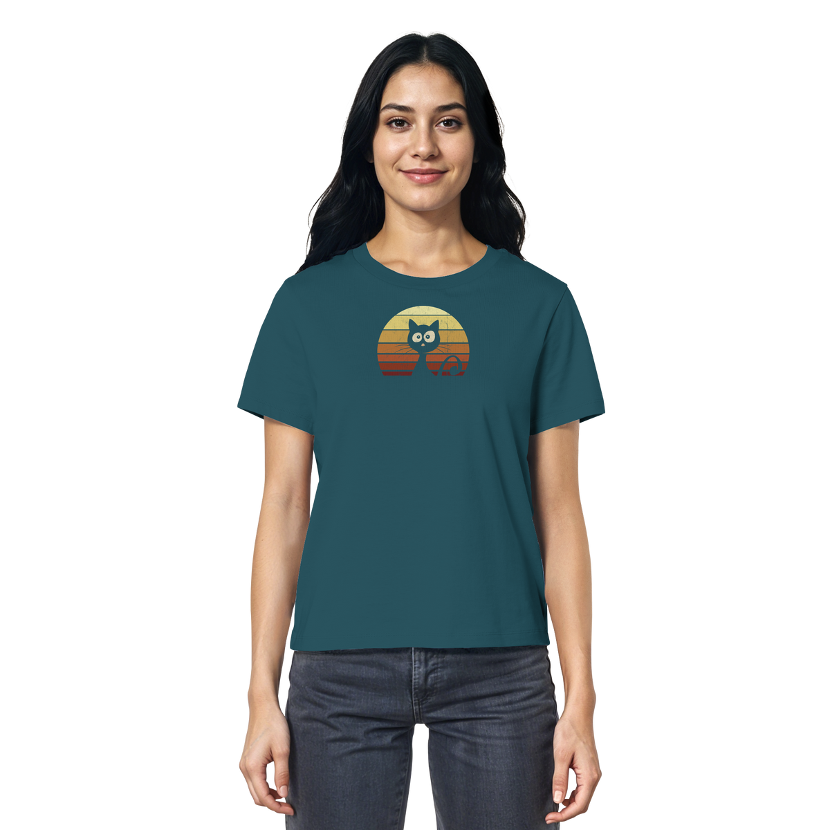 Katze vor Retro Sonnenuntergang - Ladies Organic Shirt