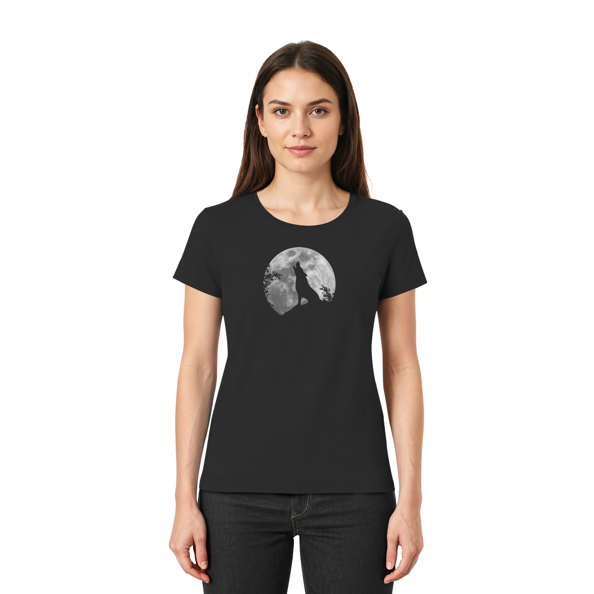 Heulender Wolf Silhouette vor Vollmond - Ladies Premium Shirt