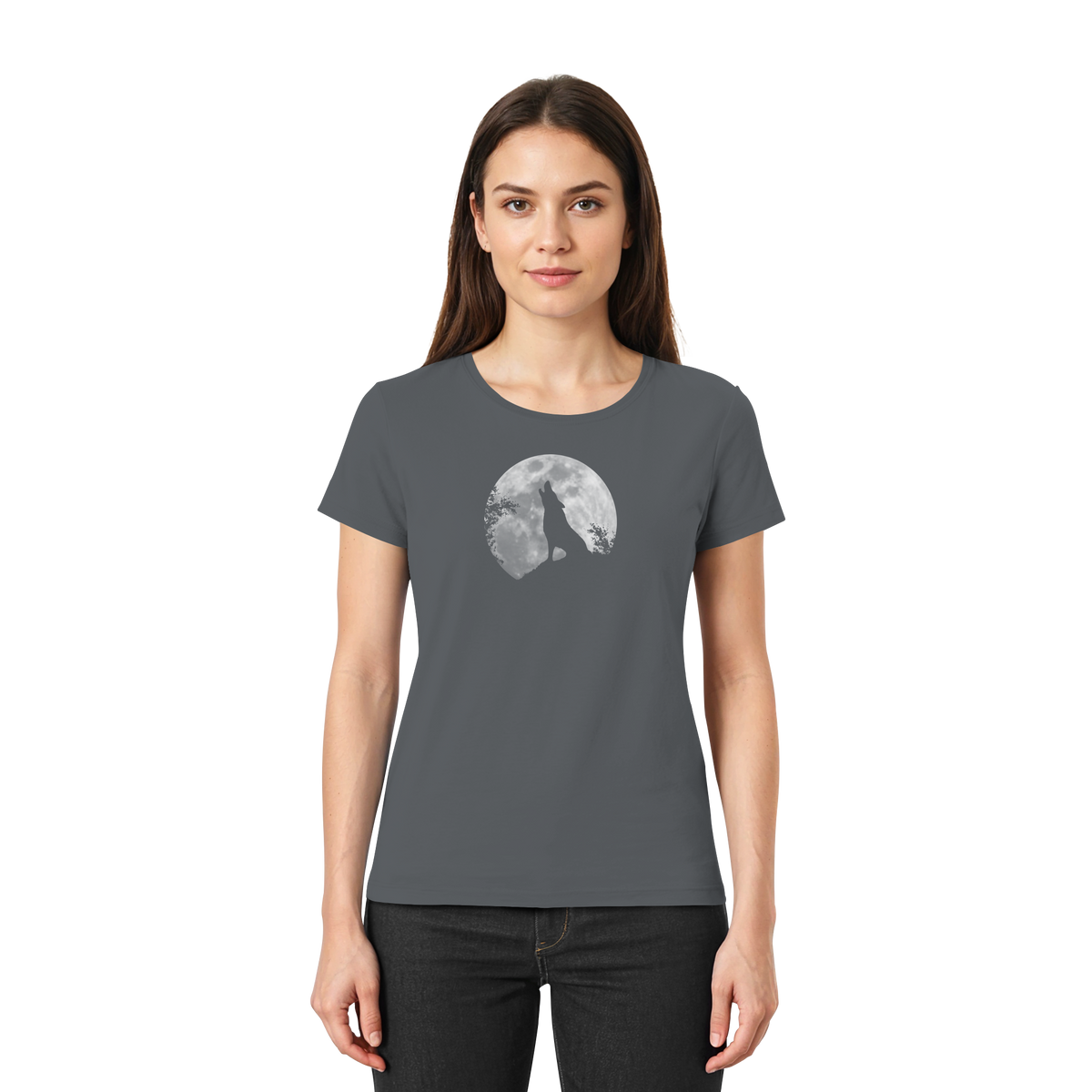 Heulender Wolf Silhouette vor Vollmond - Ladies Premium Shirt
