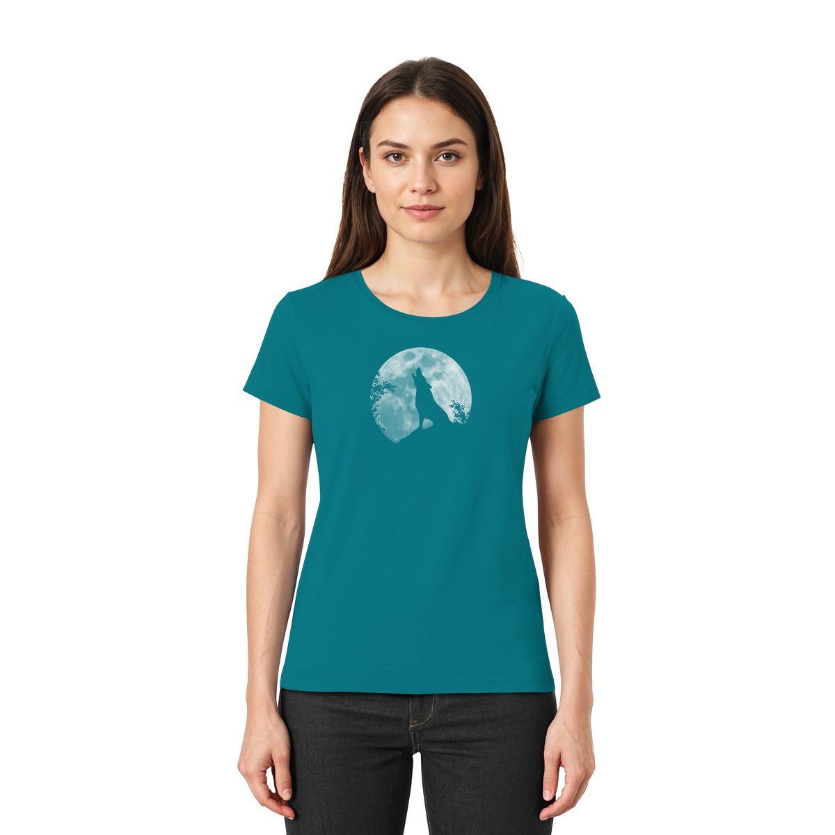 Heulender Wolf Silhouette vor Vollmond - Ladies Premium Shirt