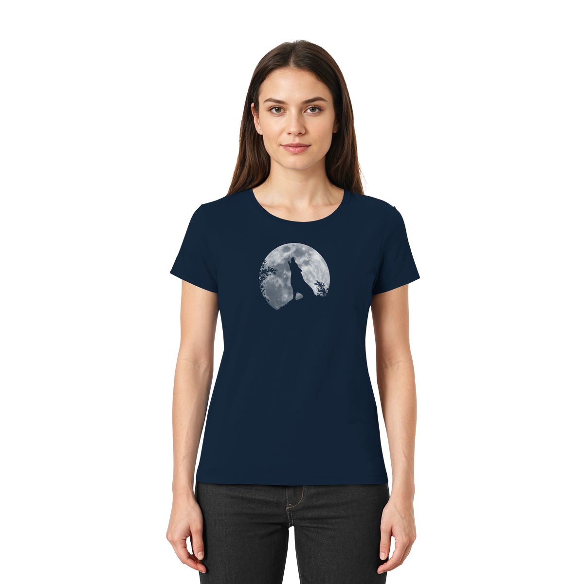Heulender Wolf Silhouette vor Vollmond - Ladies Premium Shirt