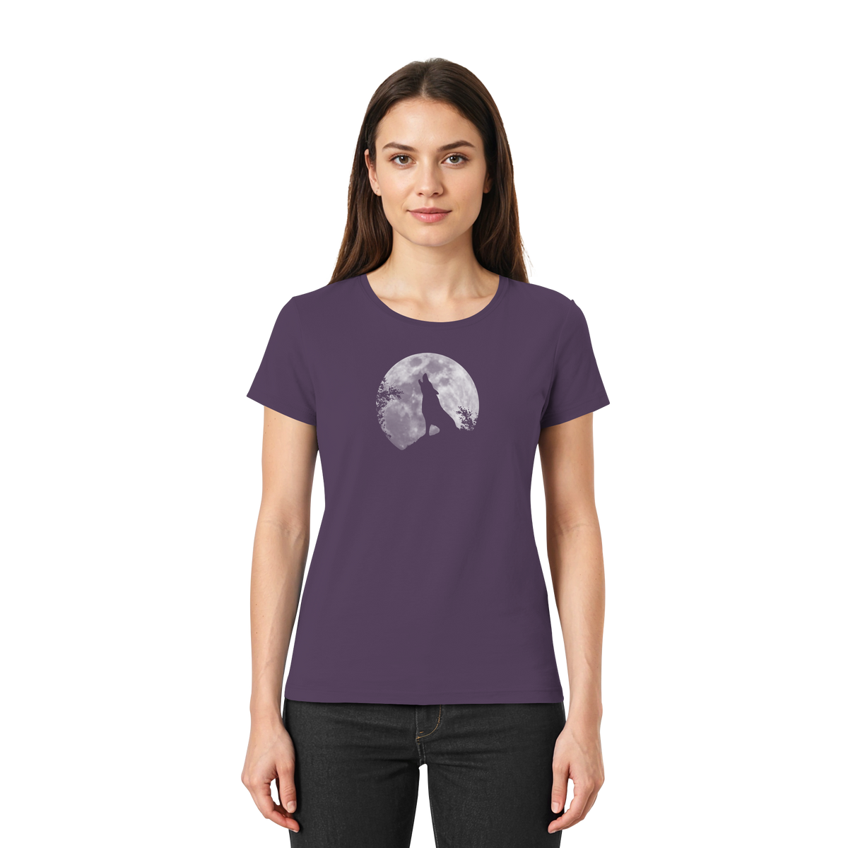Heulender Wolf Silhouette vor Vollmond - Ladies Premium Shirt