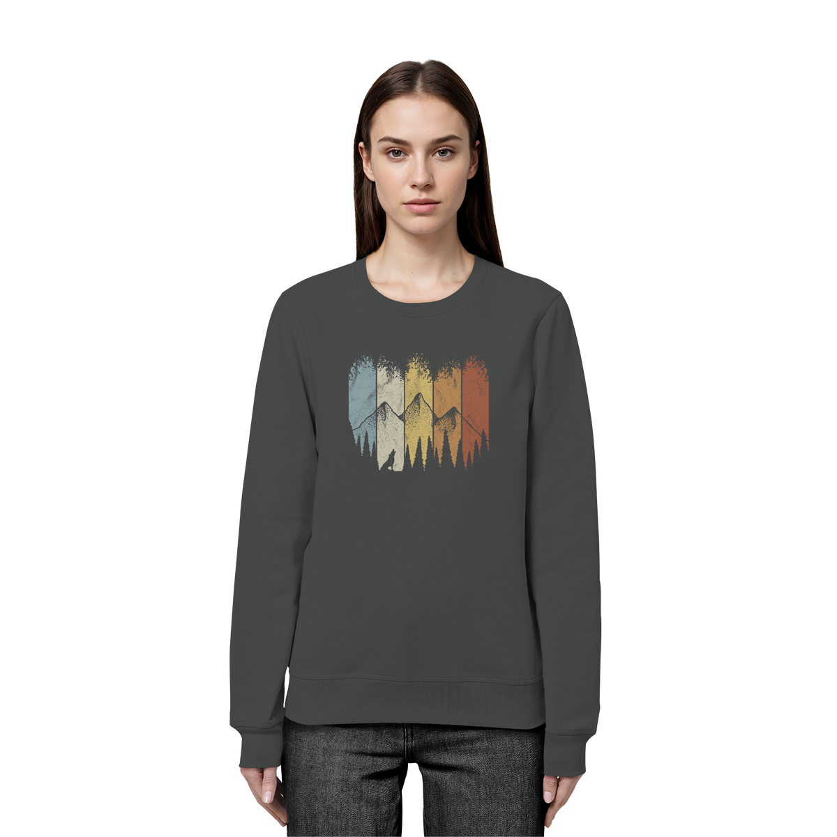 Retro Wald, Berge und Wolf  - Organic Basic Unisex Sweatshirt