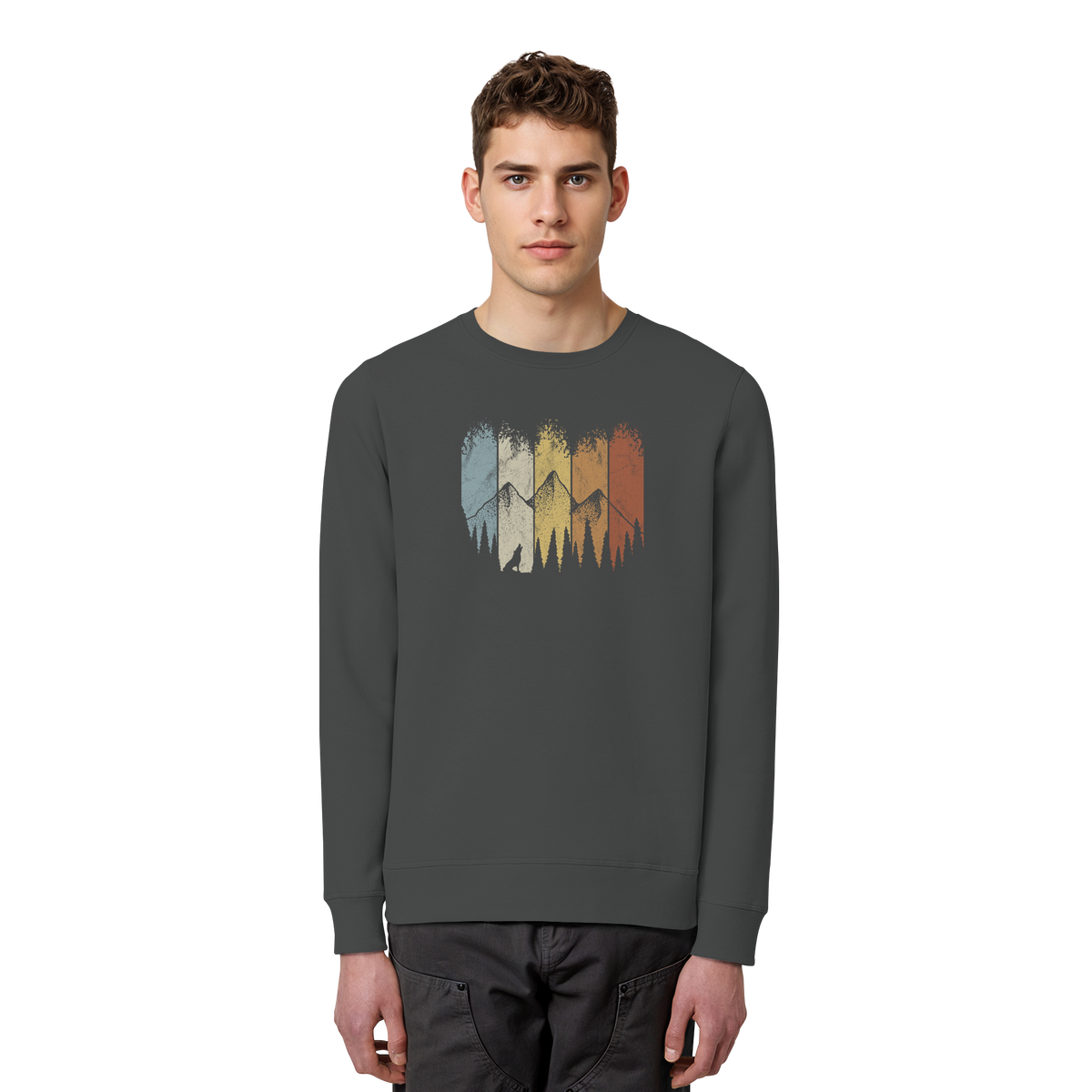Retro Wald, Berge und Wolf  - Organic Basic Unisex Sweatshirt
