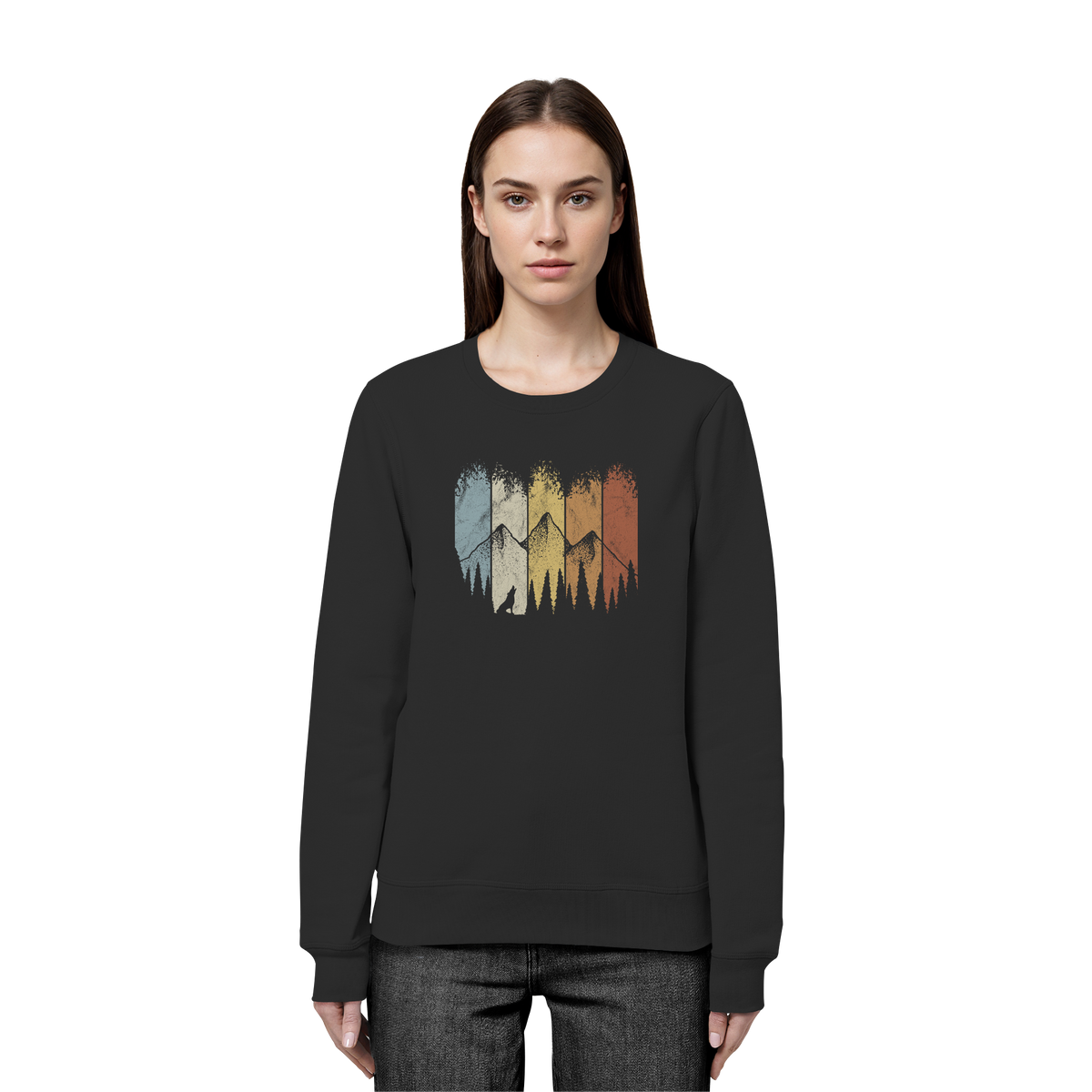 Retro Wald, Berge und Wolf  - Organic Basic Unisex Sweatshirt
