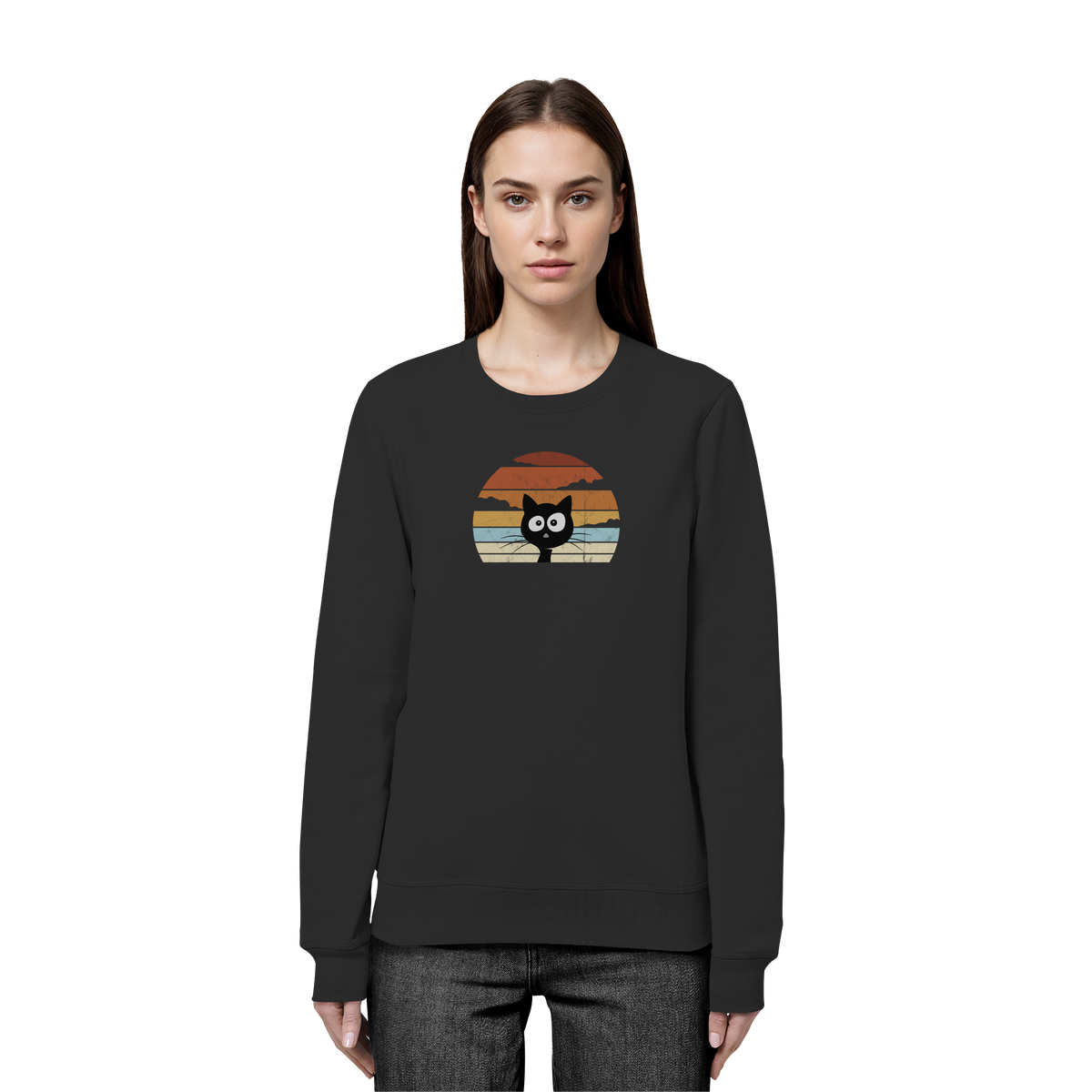 Retro schwarze Katze vor Sonnenuntergang - Organic Basic Unisex Sweatshirt