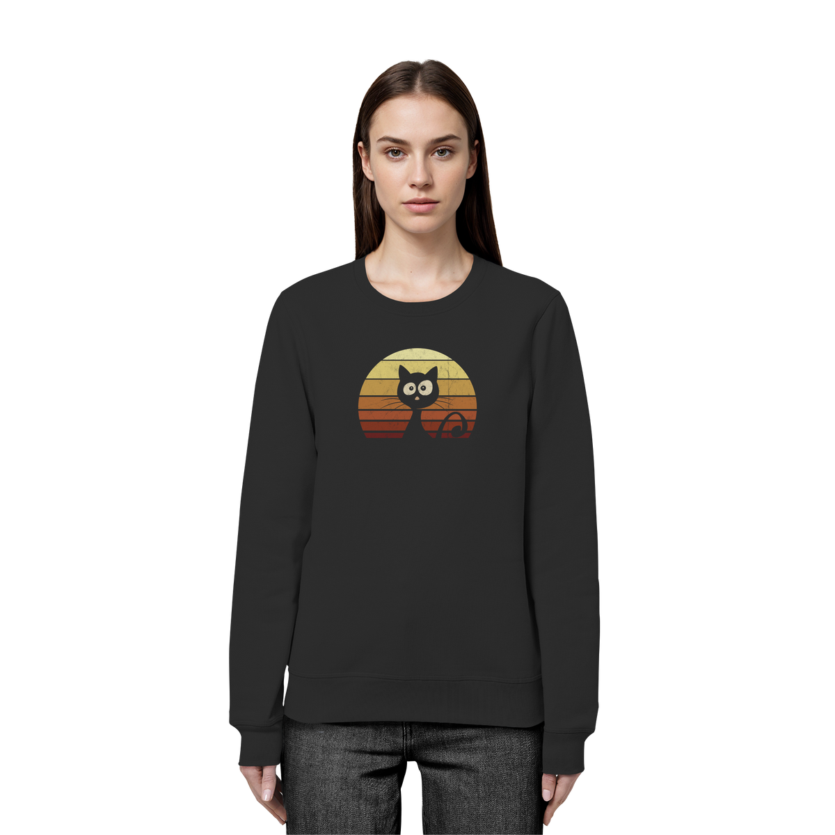 Katze vor Retro Sonnenuntergang - Organic Basic Unisex Sweatshirt