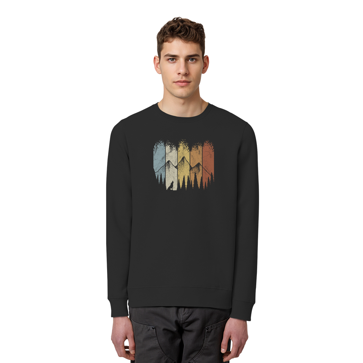 Retro Wald, Berge und Wolf  - Organic Basic Unisex Sweatshirt