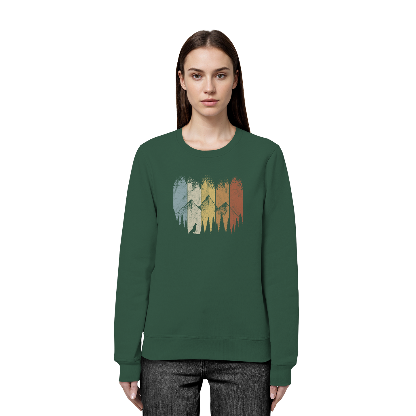 Retro Wald, Berge und Wolf  - Organic Basic Unisex Sweatshirt