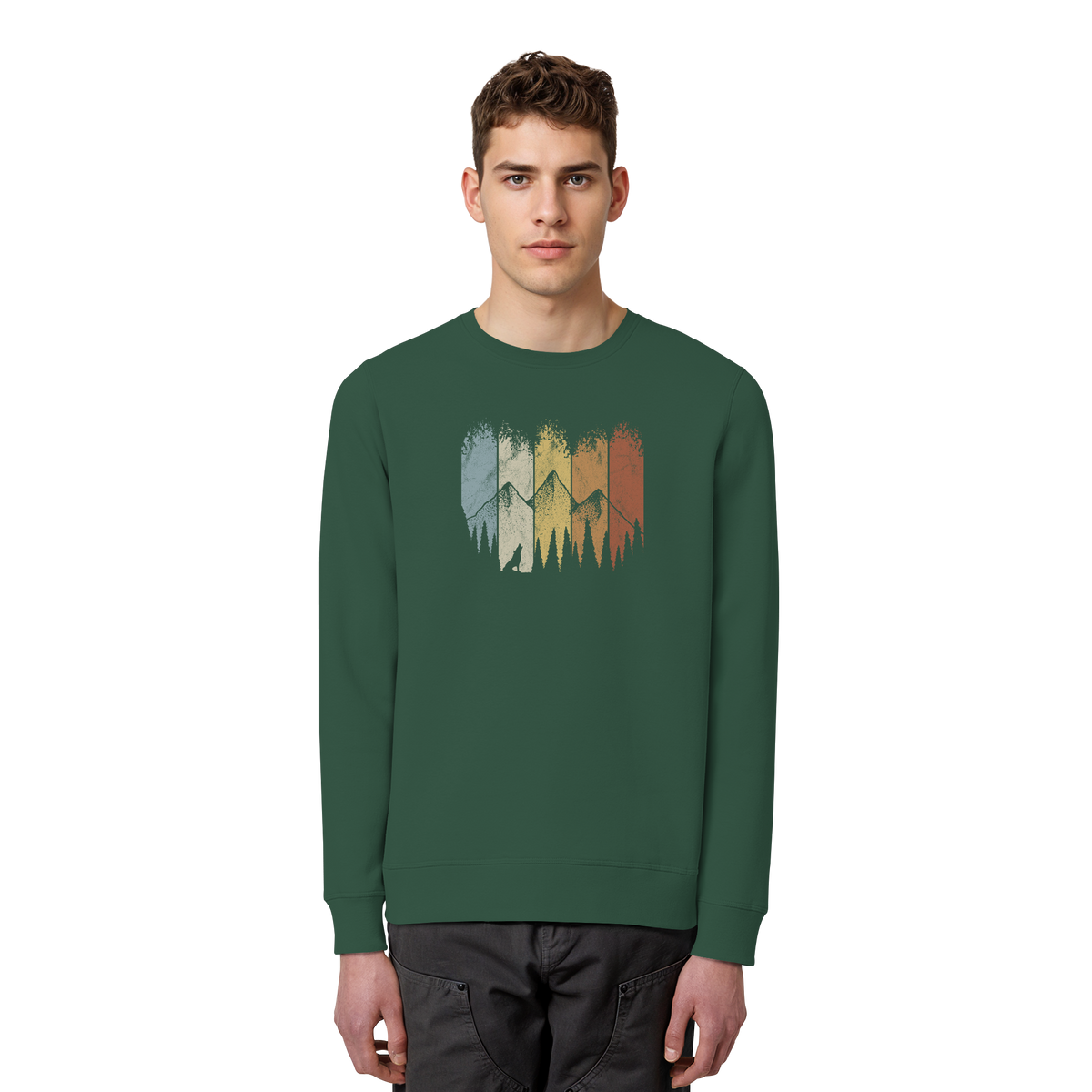 Retro Wald, Berge und Wolf  - Organic Basic Unisex Sweatshirt