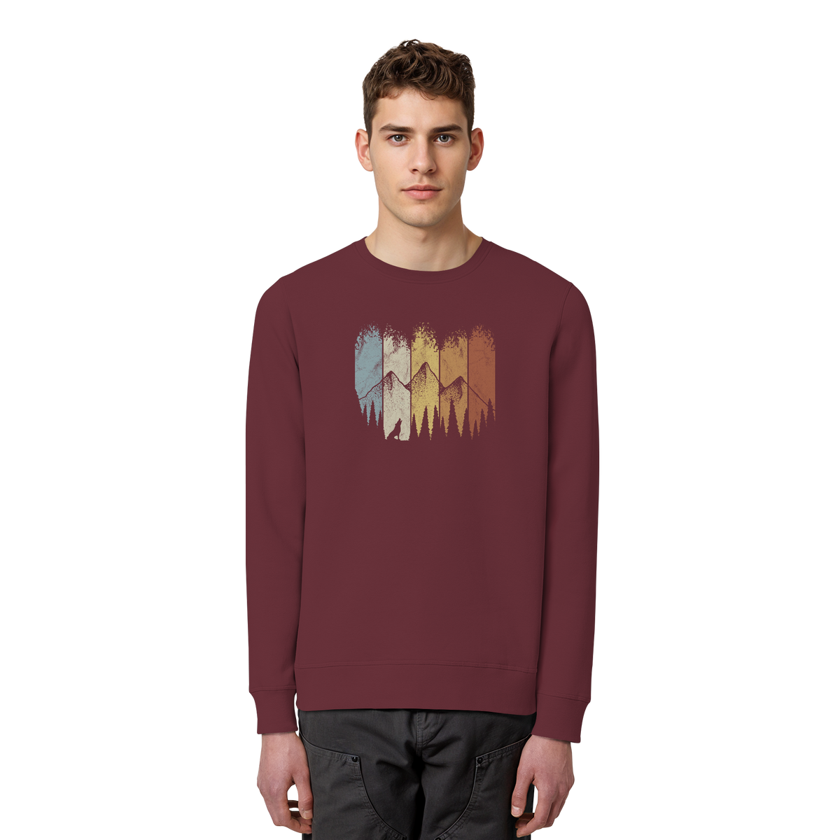 Retro Wald, Berge und Wolf  - Organic Basic Unisex Sweatshirt