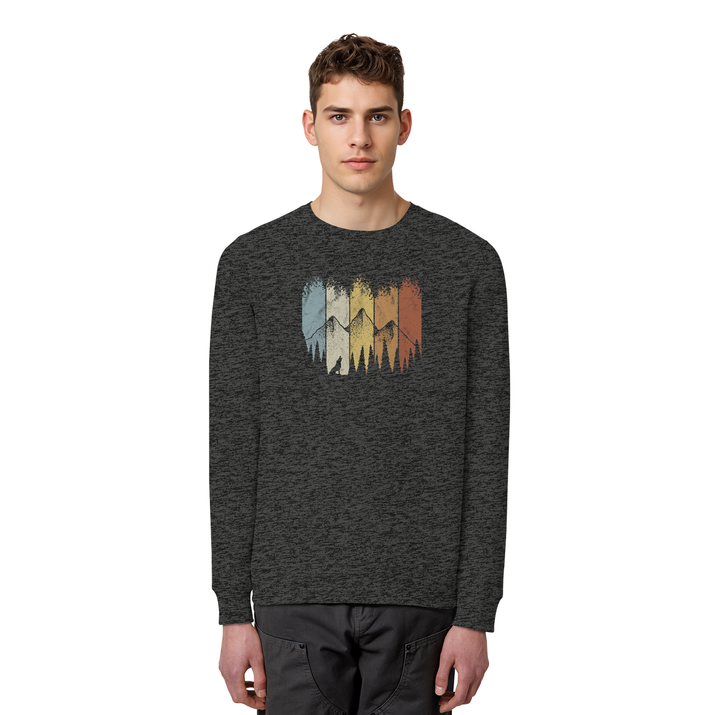 Retro Wald, Berge und Wolf  - Organic Basic Unisex Sweatshirt