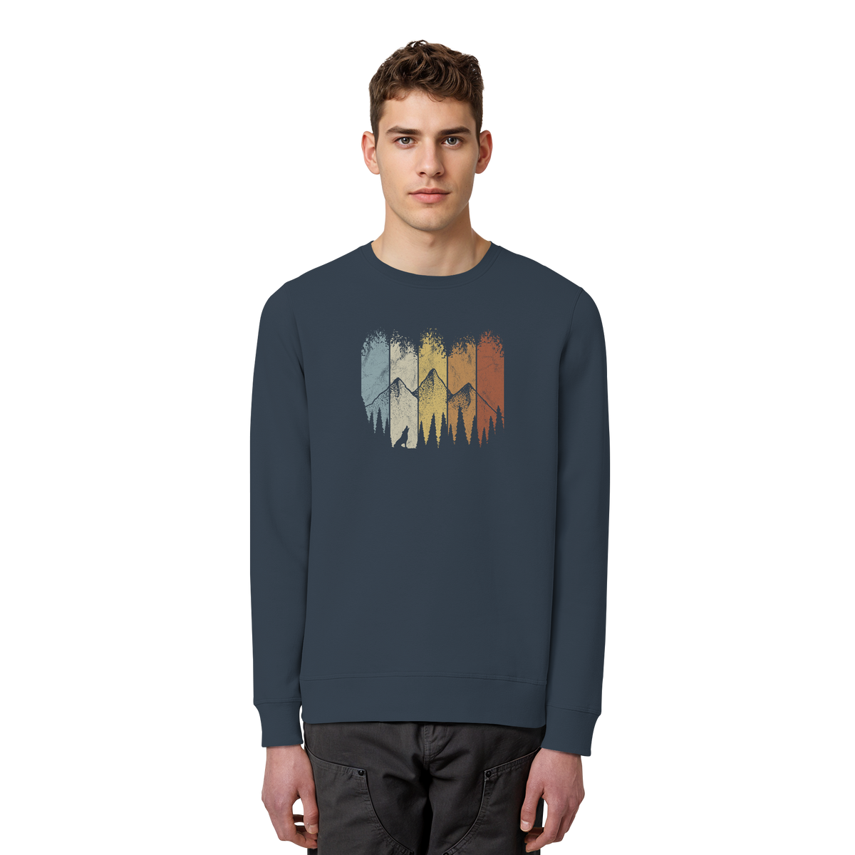 Retro Wald, Berge und Wolf  - Organic Basic Unisex Sweatshirt