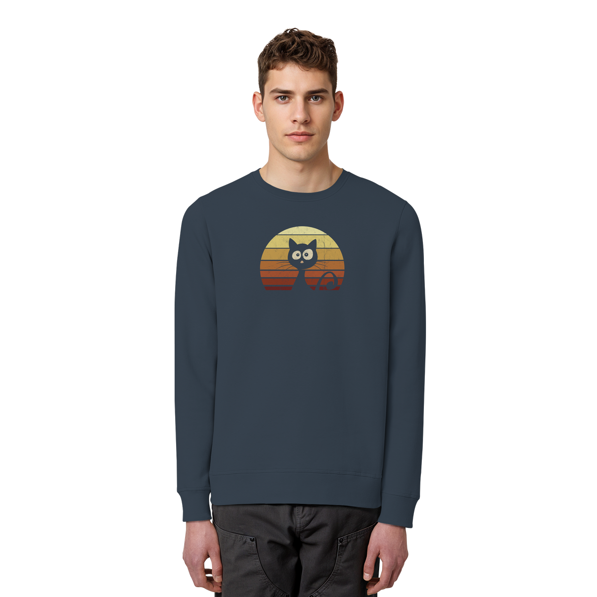 Katze vor Retro Sonnenuntergang - Organic Basic Unisex Sweatshirt