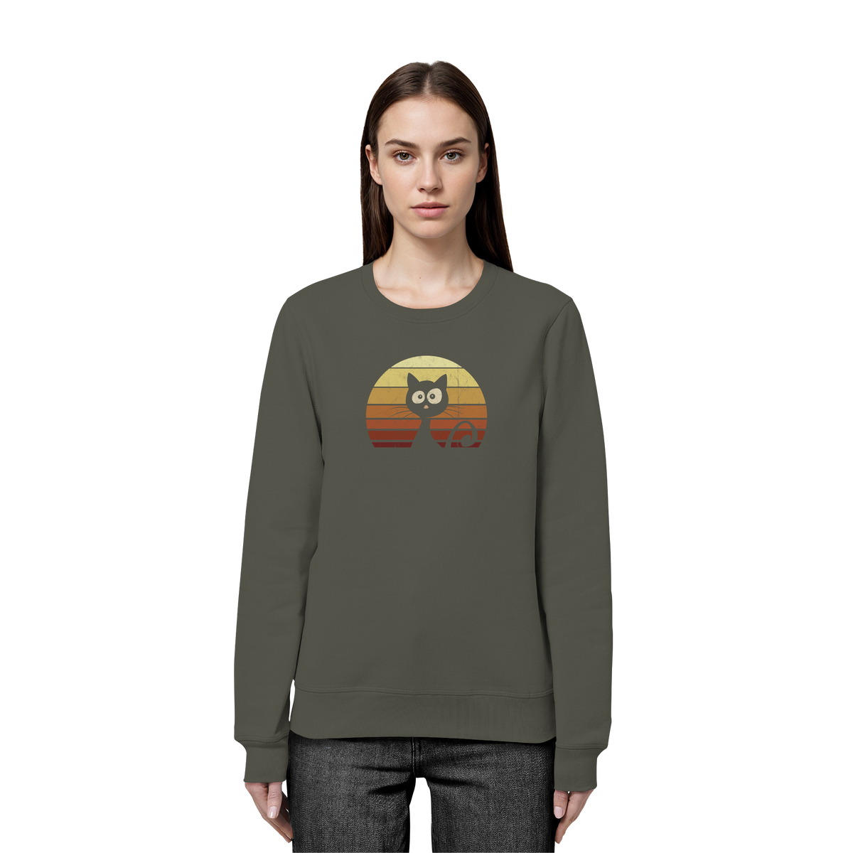 Katze vor Retro Sonnenuntergang - Organic Basic Unisex Sweatshirt