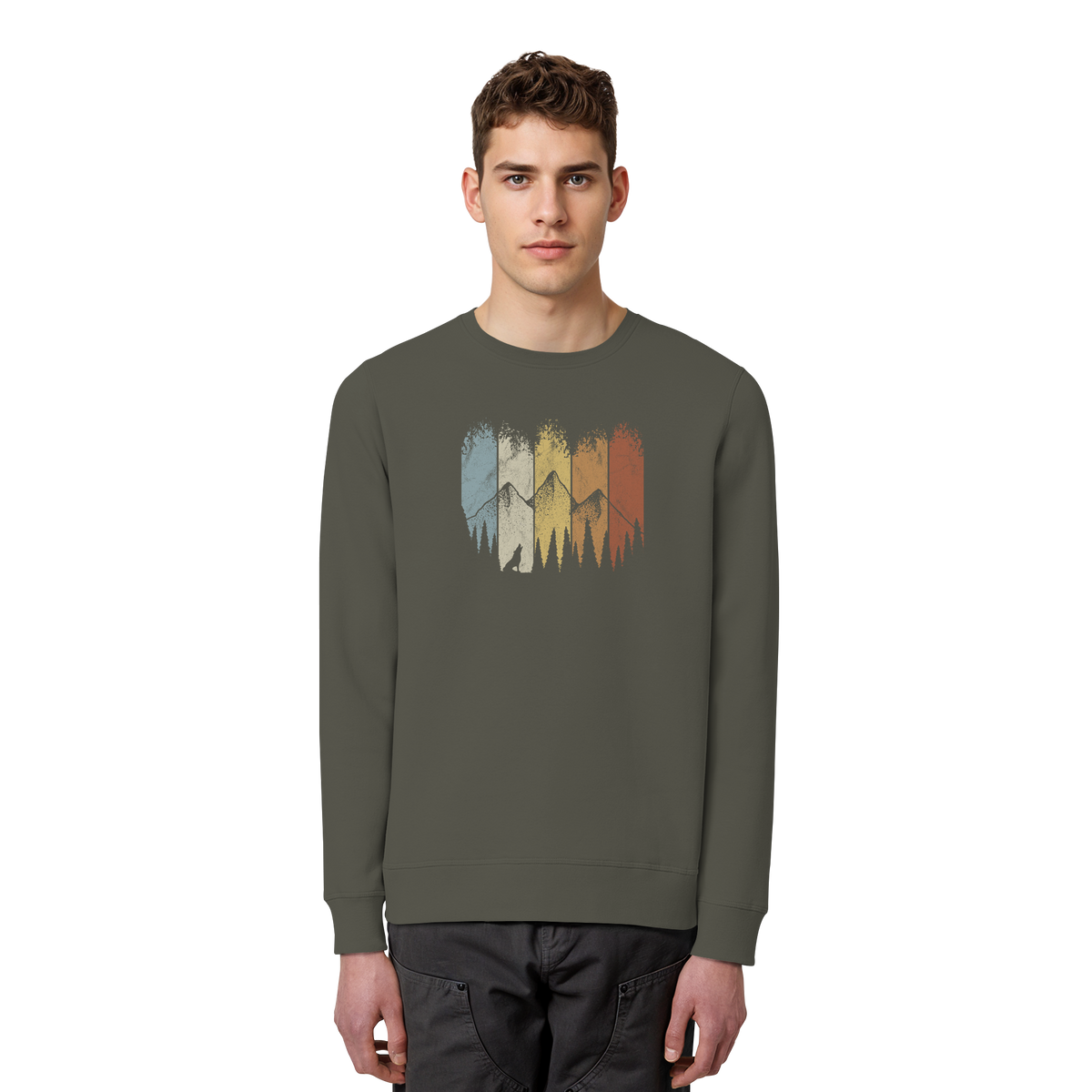 Retro Wald, Berge und Wolf  - Organic Basic Unisex Sweatshirt