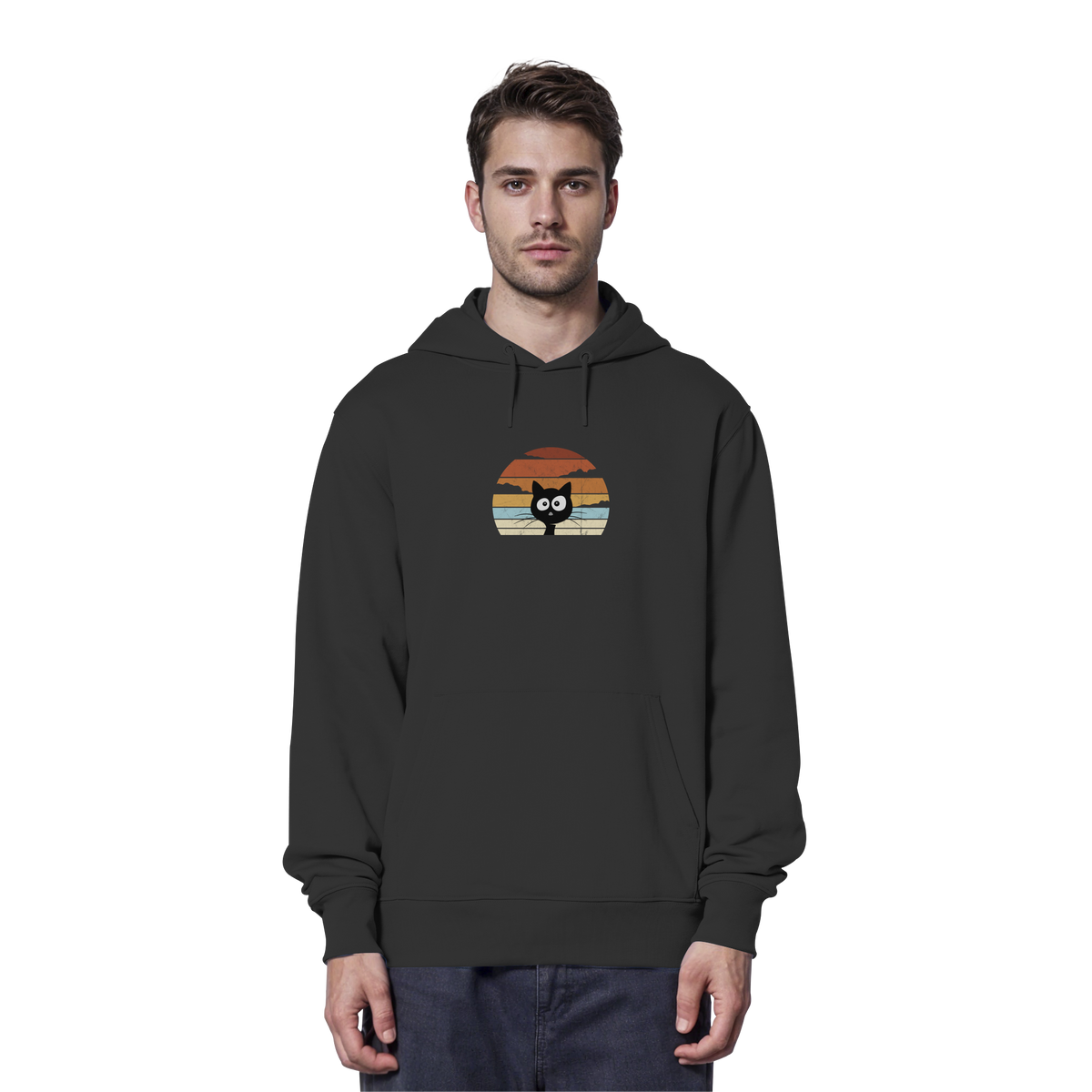 Retro schwarze Katze vor Sonnenuntergang - Organic Hoodie