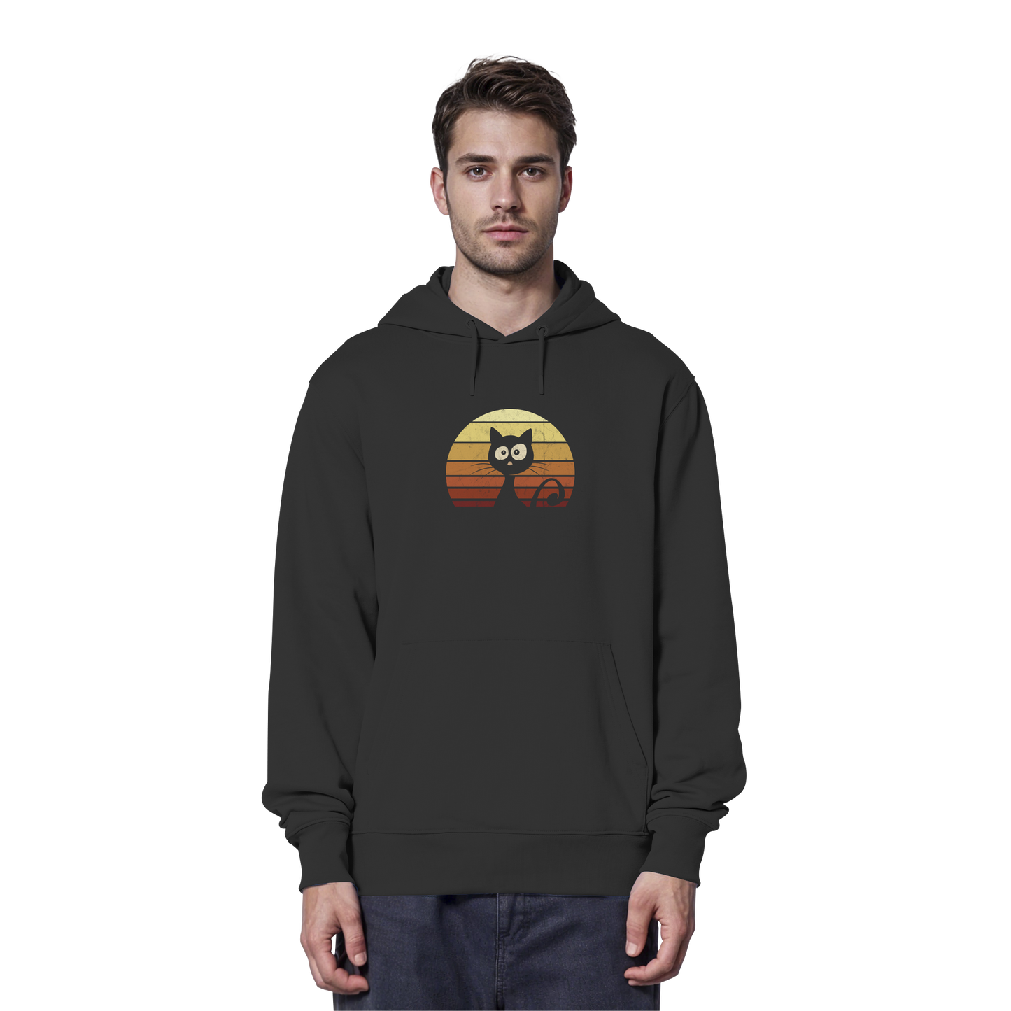 Katze vor Retro Sonnenuntergang - Organic Hoodie