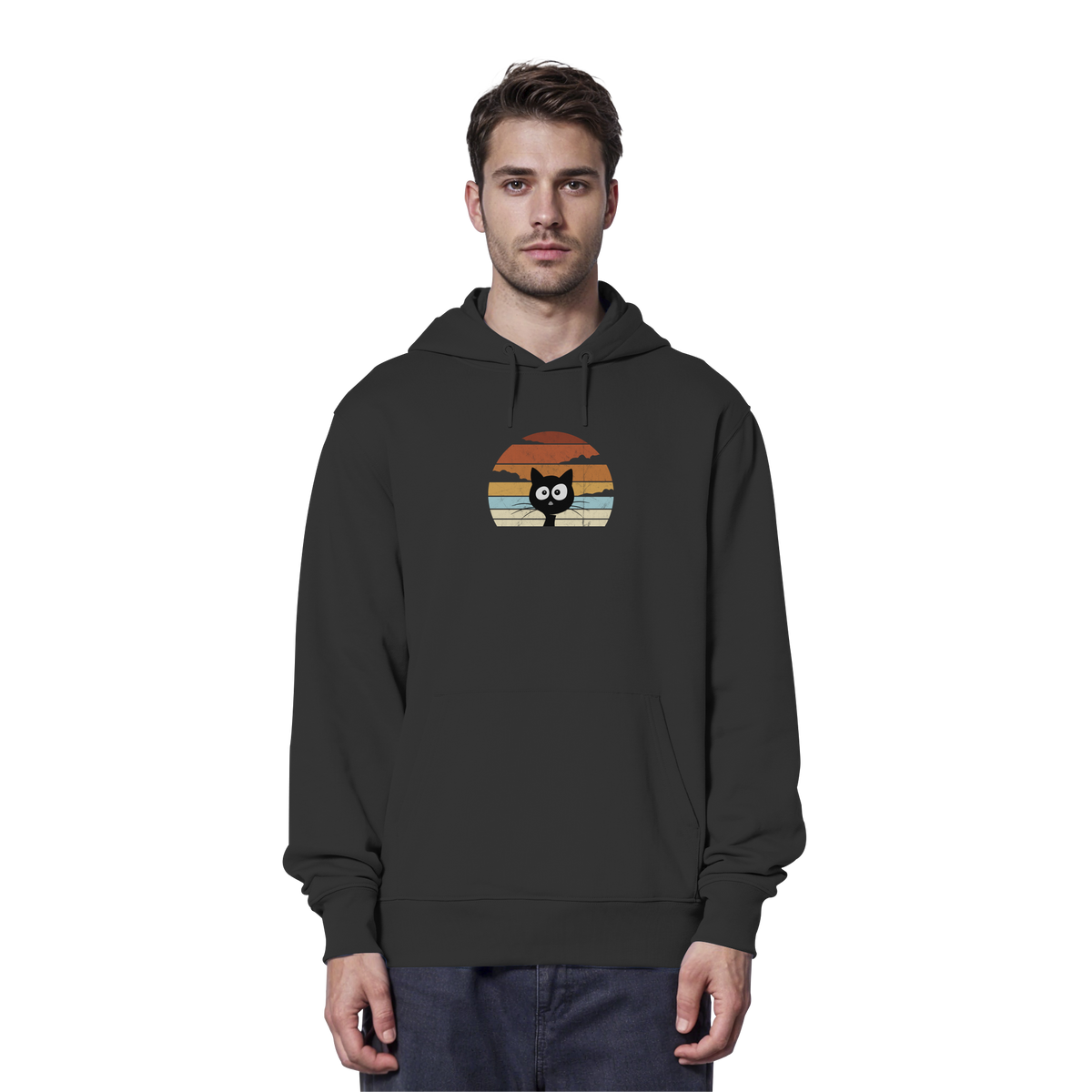 Retro schwarze Katze vor Sonnenuntergang - Organic Hoodie