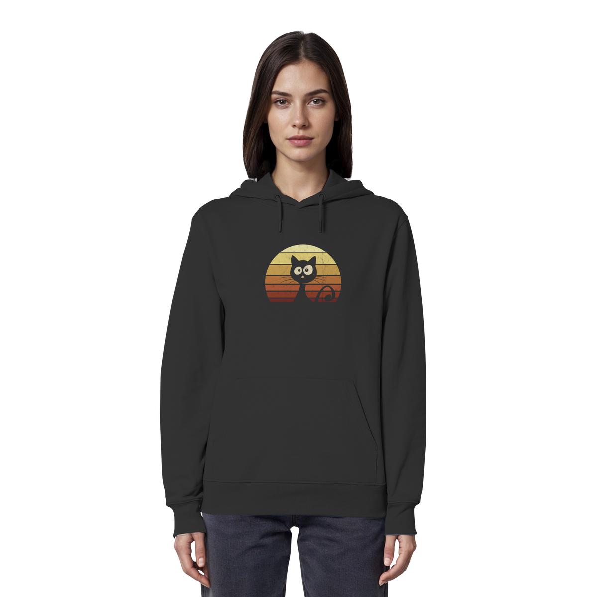 Katze vor Retro Sonnenuntergang - Organic Hoodie