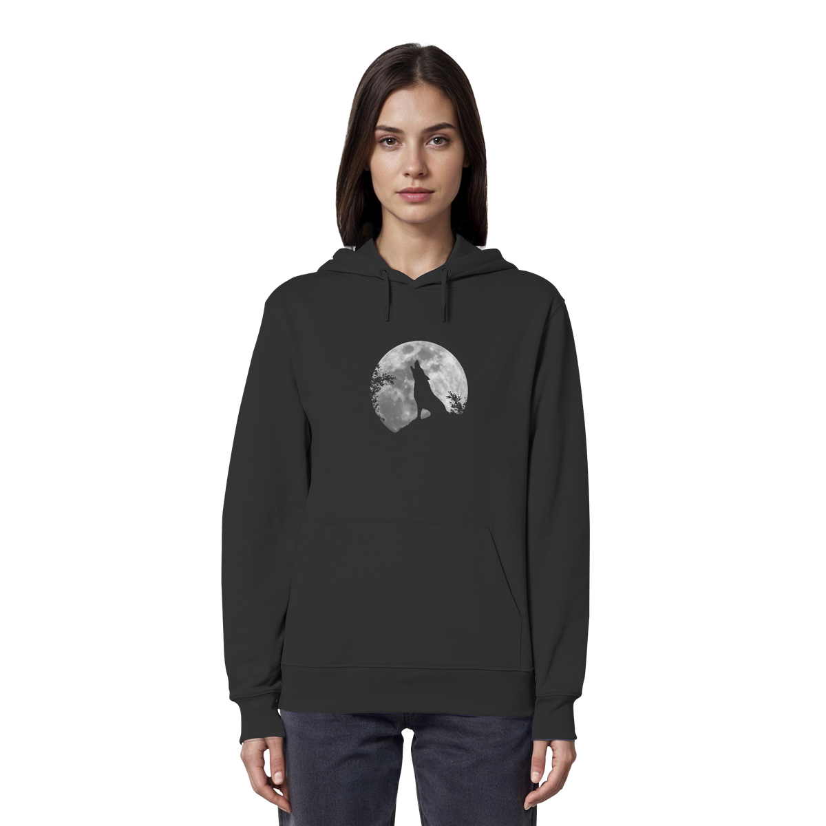 Heulender Wolf Silhouette vor Vollmond - Organic Hoodie