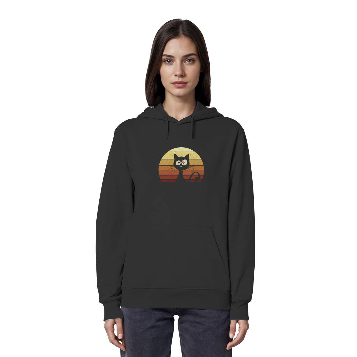 Katze vor Retro Sonnenuntergang - Organic Hoodie