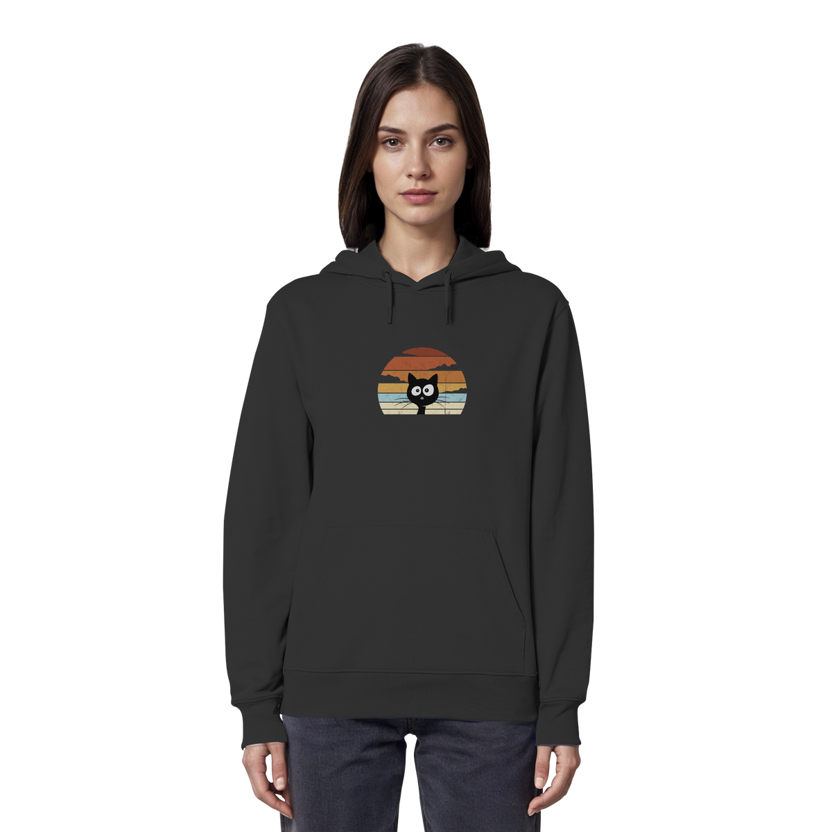 Retro schwarze Katze vor Sonnenuntergang - Organic Hoodie