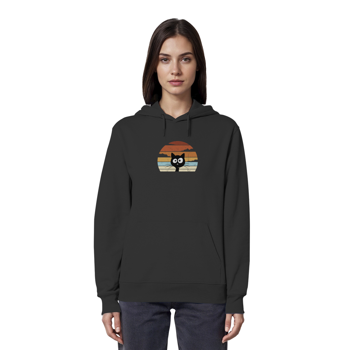 Retro schwarze Katze vor Sonnenuntergang - Organic Hoodie