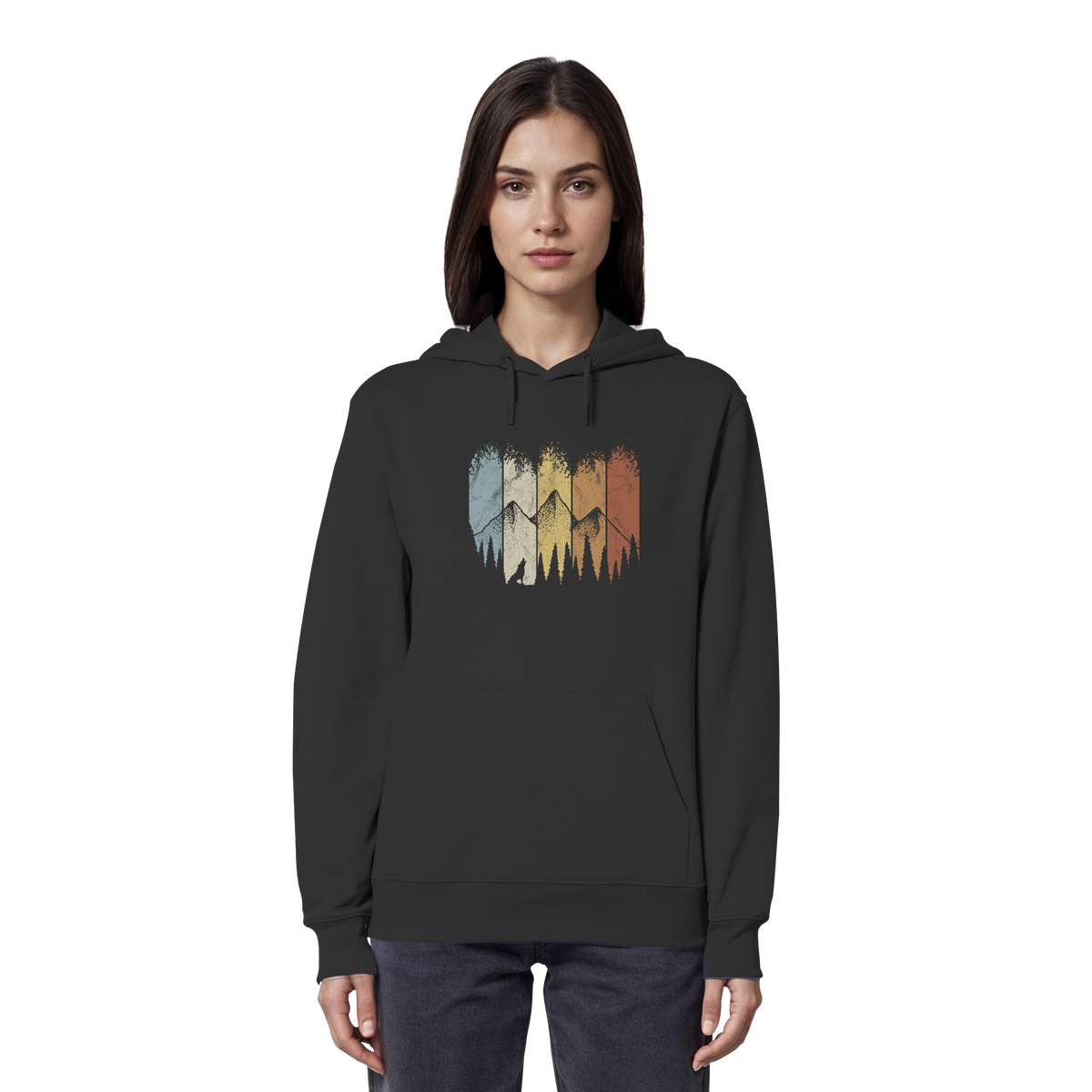 Retro Wald, Berge und Wolf  - Organic Hoodie
