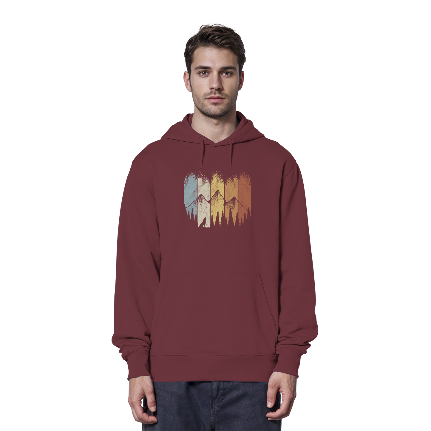 Retro Wald, Berge und Wolf  - Organic Hoodie