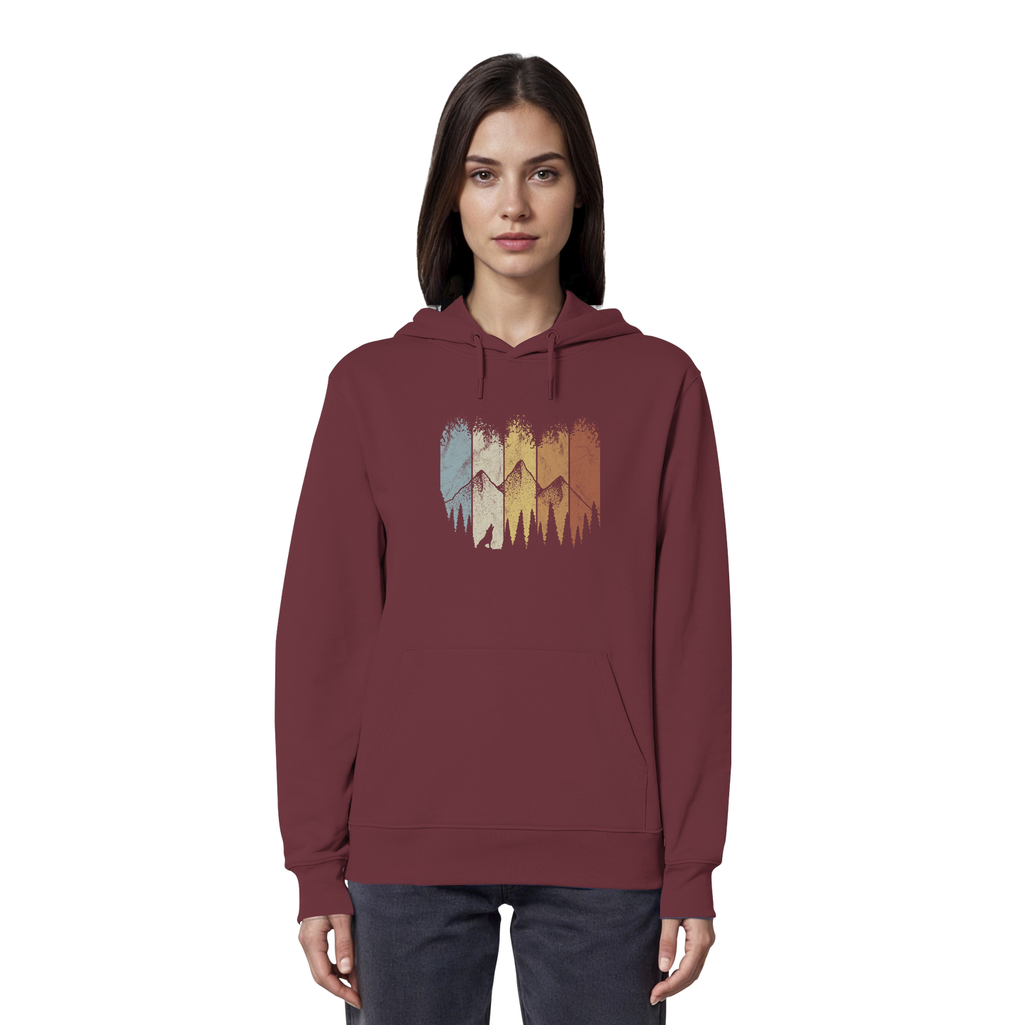 Retro Wald, Berge und Wolf  - Organic Hoodie