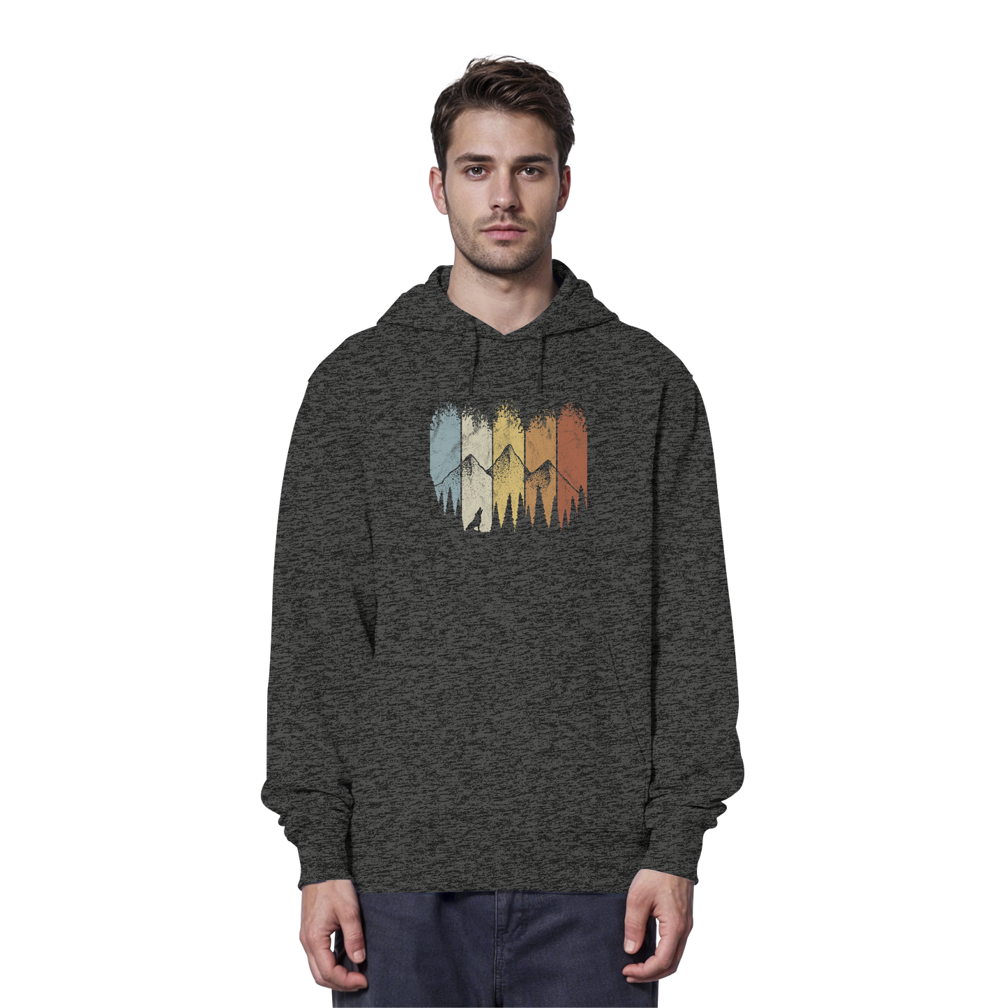 Retro Wald, Berge und Wolf  - Organic Hoodie