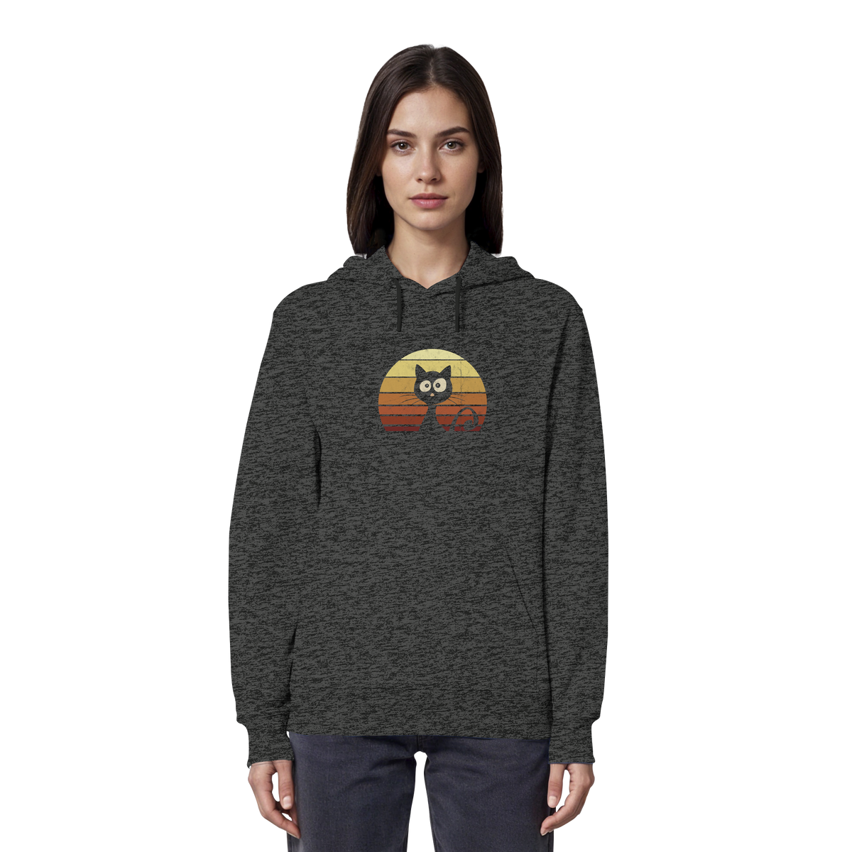 Katze vor Retro Sonnenuntergang - Organic Hoodie