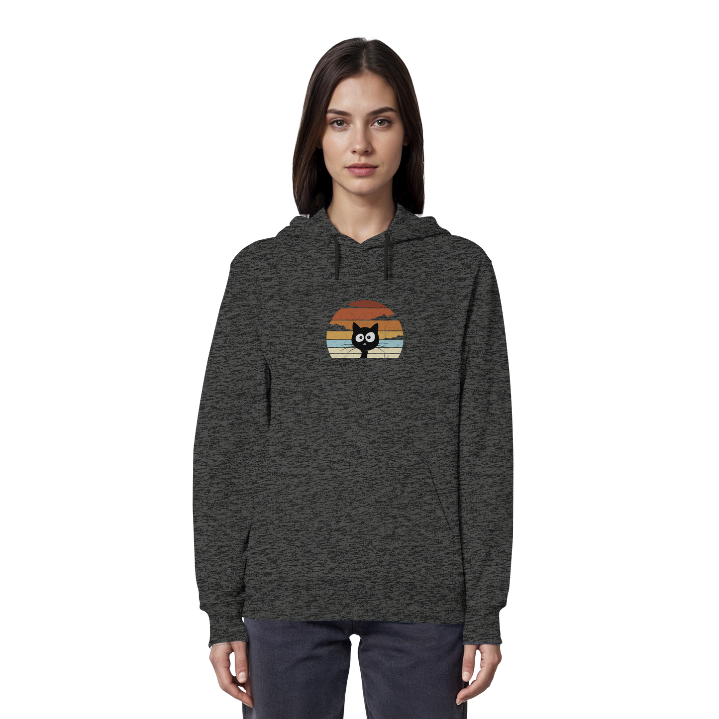 Retro schwarze Katze vor Sonnenuntergang - Organic Hoodie