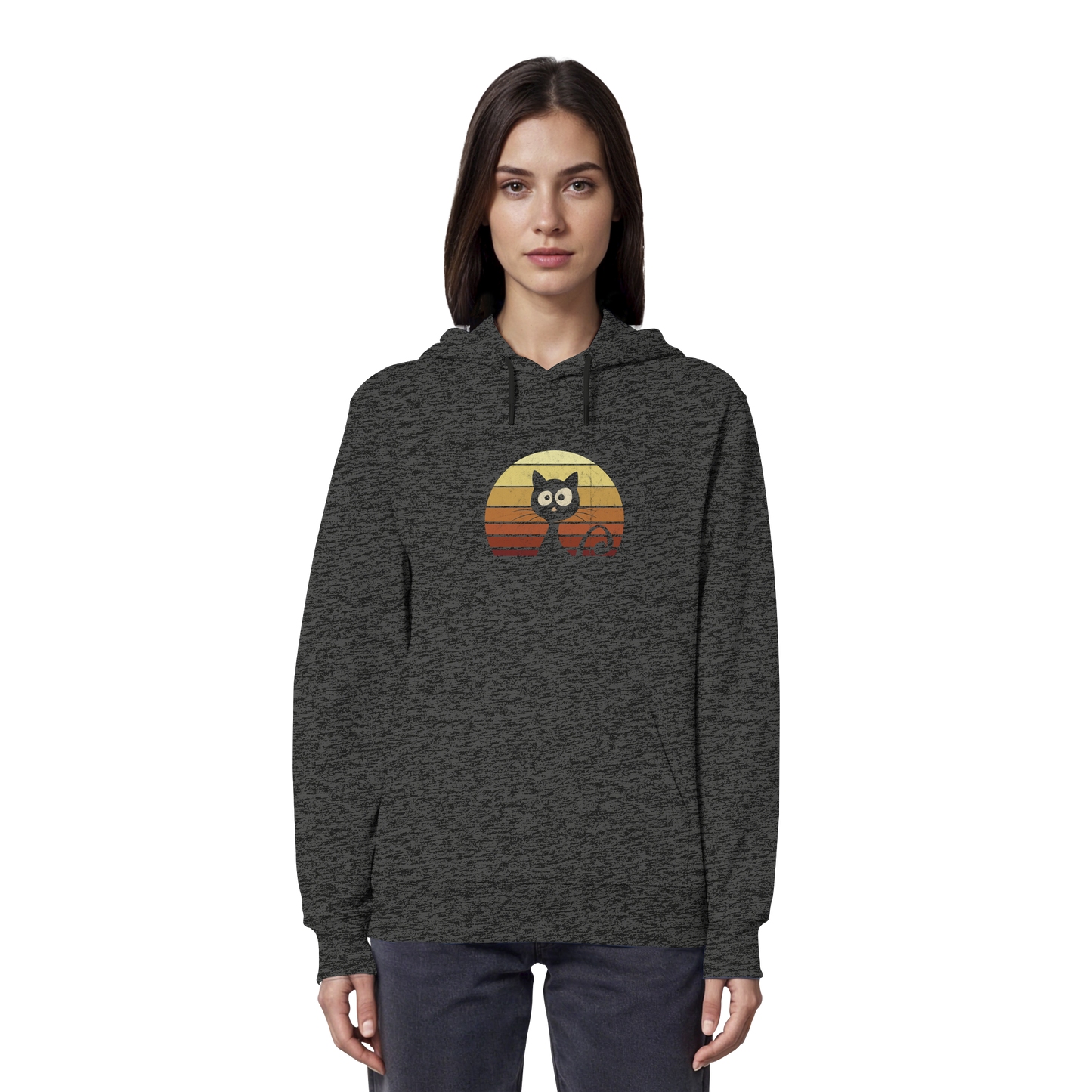 Katze vor Retro Sonnenuntergang - Organic Hoodie