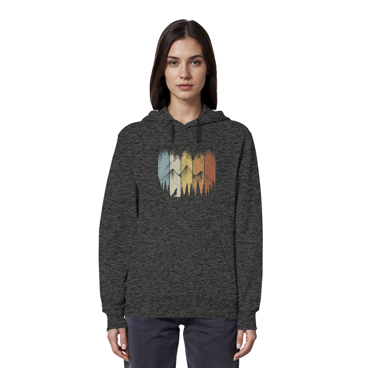 Retro Wald, Berge und Wolf  - Organic Hoodie