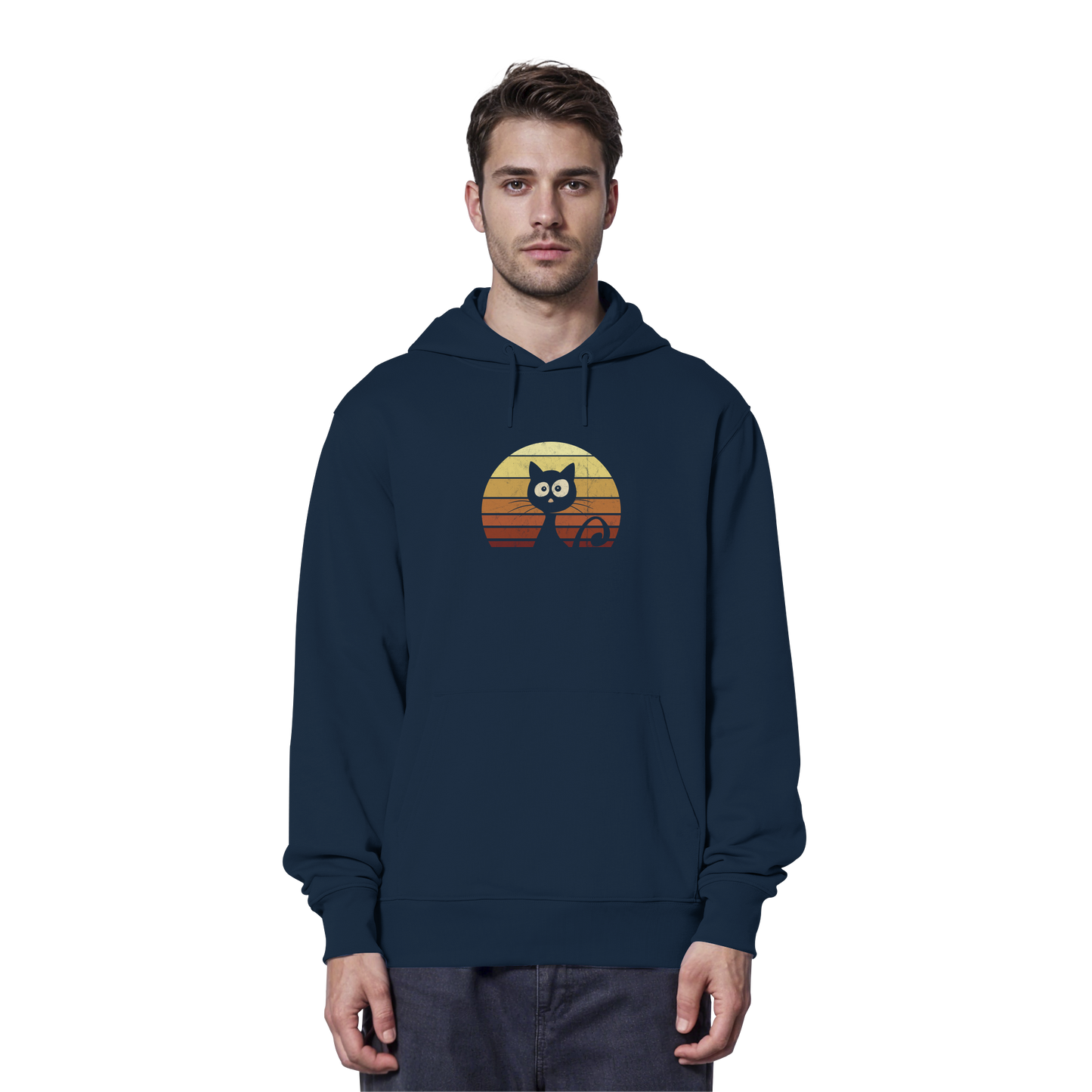 Katze vor Retro Sonnenuntergang - Organic Hoodie