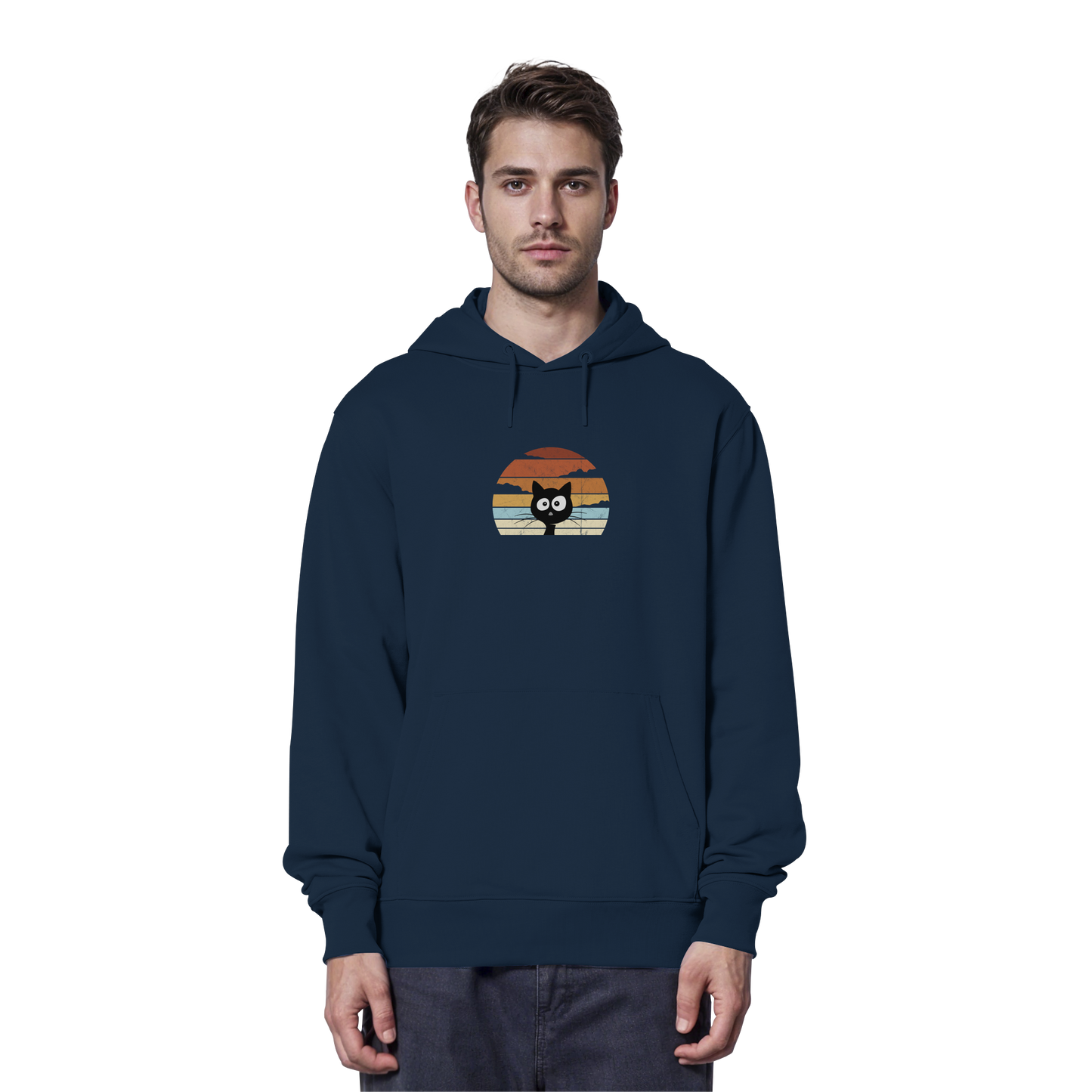Retro schwarze Katze vor Sonnenuntergang - Organic Hoodie