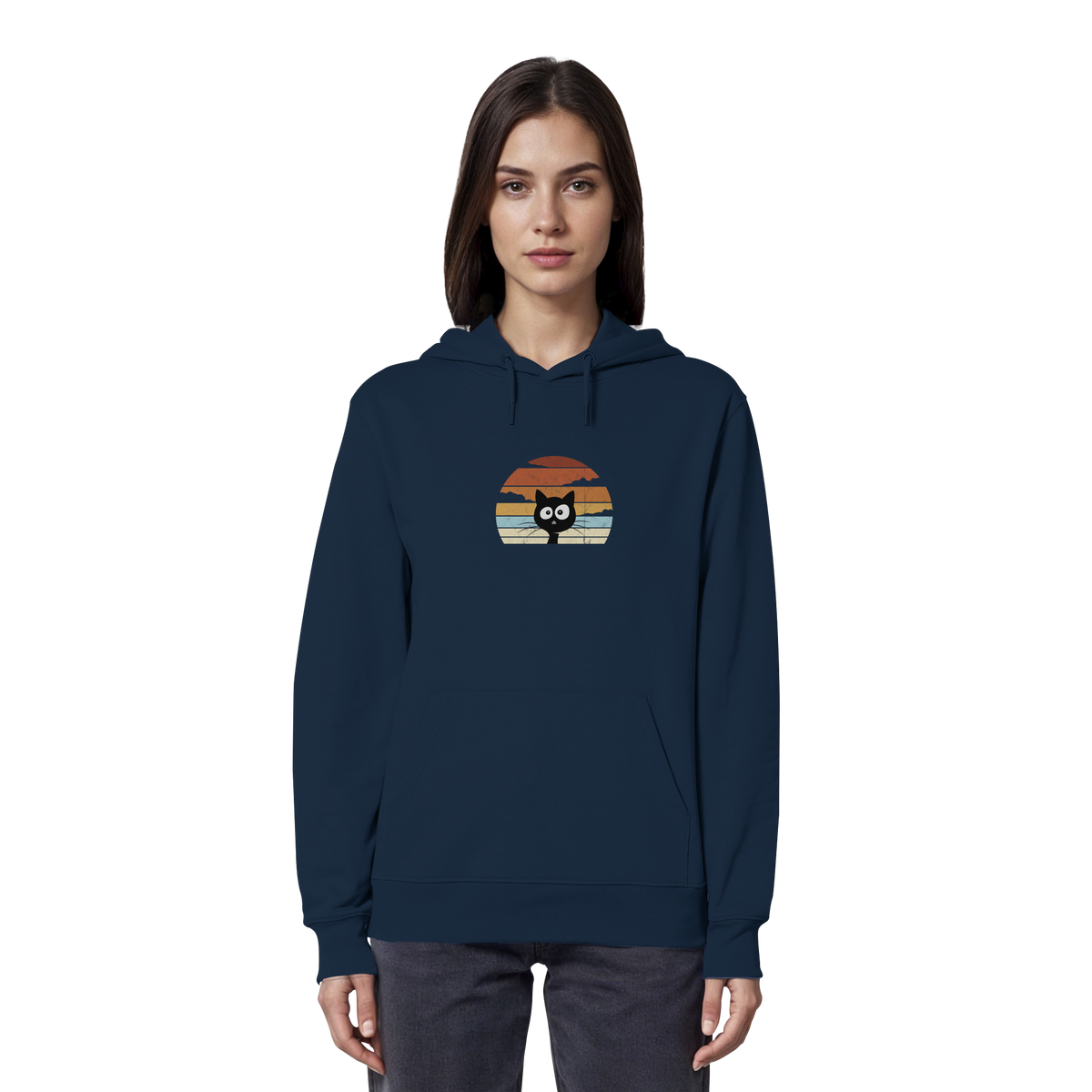 Retro schwarze Katze vor Sonnenuntergang - Organic Hoodie