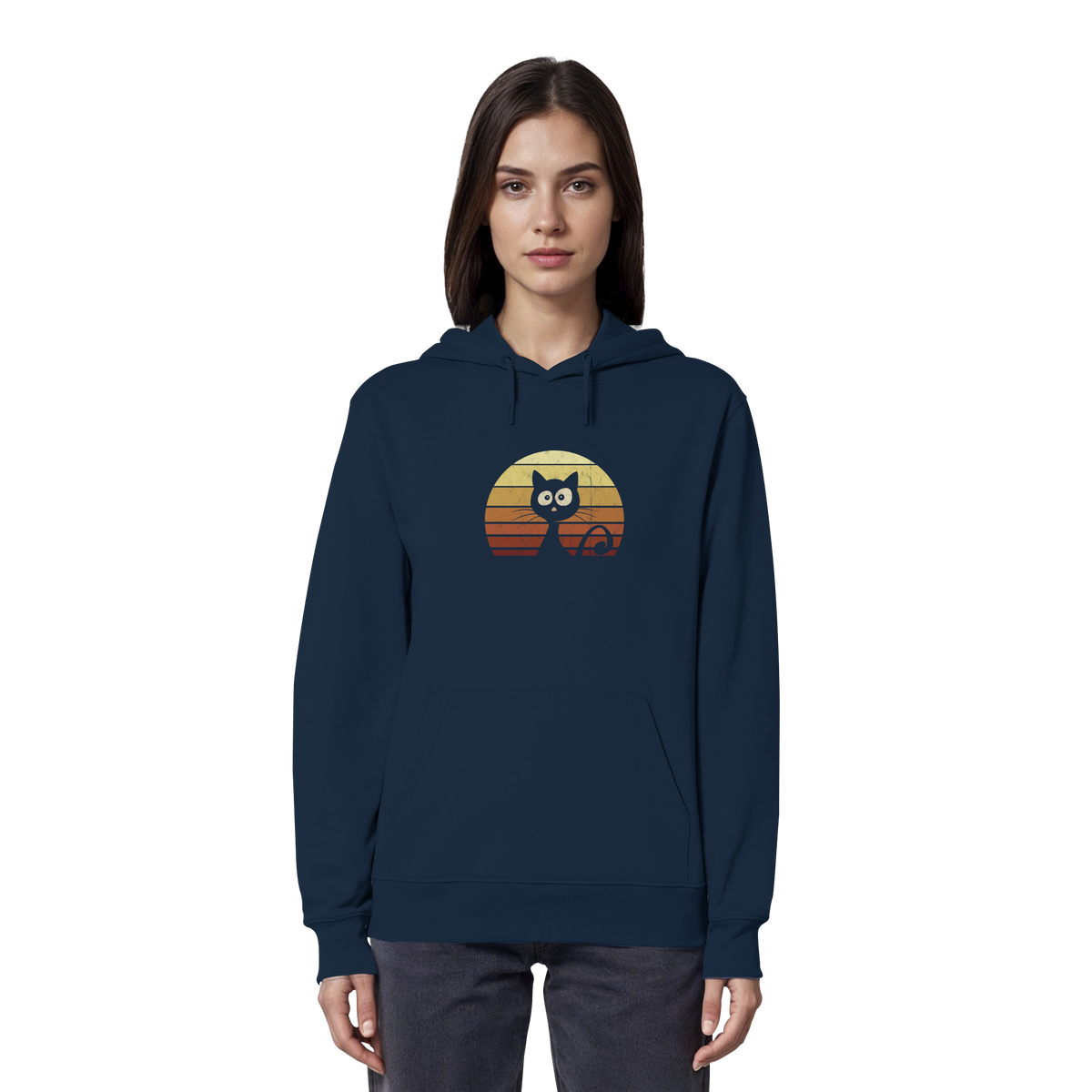 Katze vor Retro Sonnenuntergang - Organic Hoodie