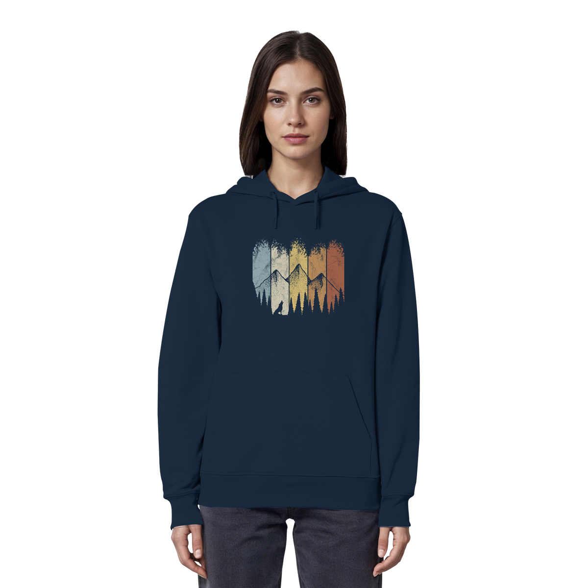 Retro Wald, Berge und Wolf  - Organic Hoodie