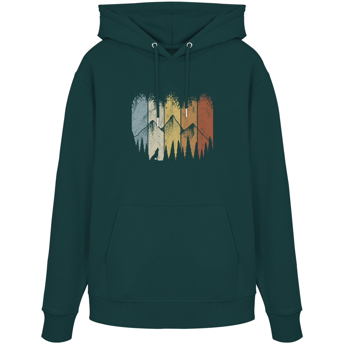 Retro Wald, Berge und Wolf  - Organic Hoodie