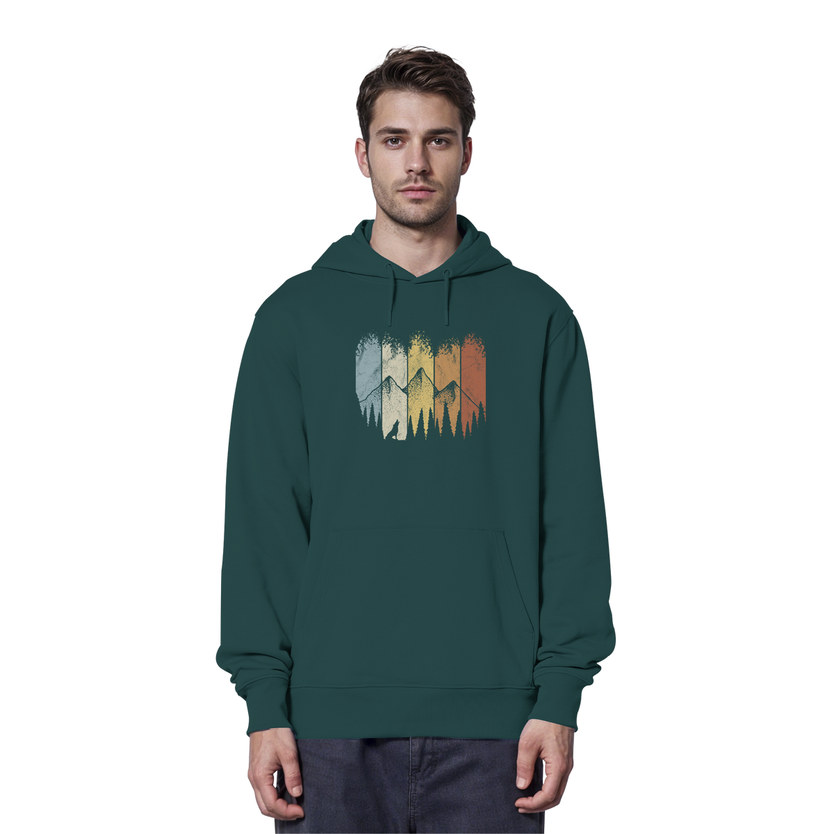 Retro Wald, Berge und Wolf  - Organic Hoodie