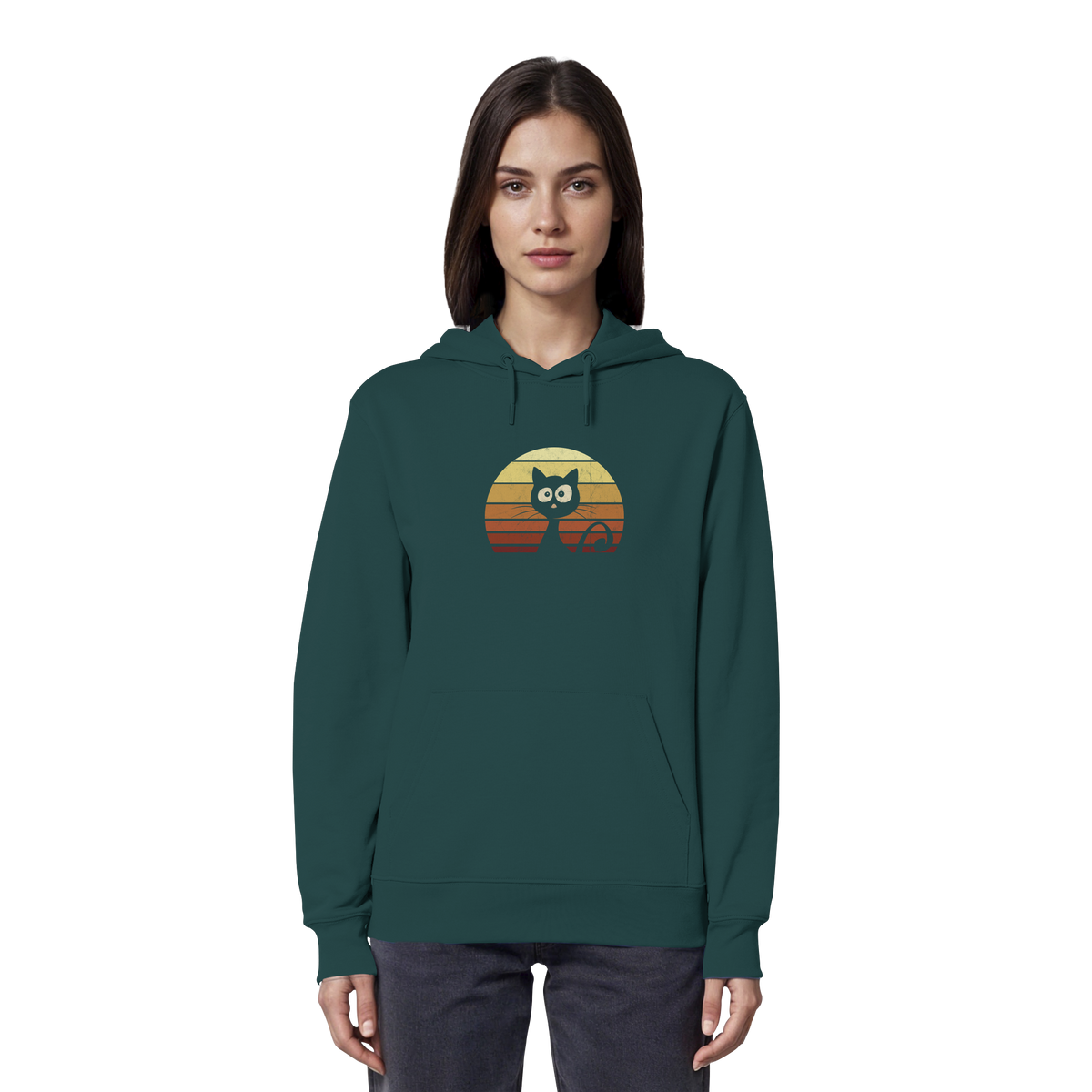 Katze vor Retro Sonnenuntergang - Organic Hoodie